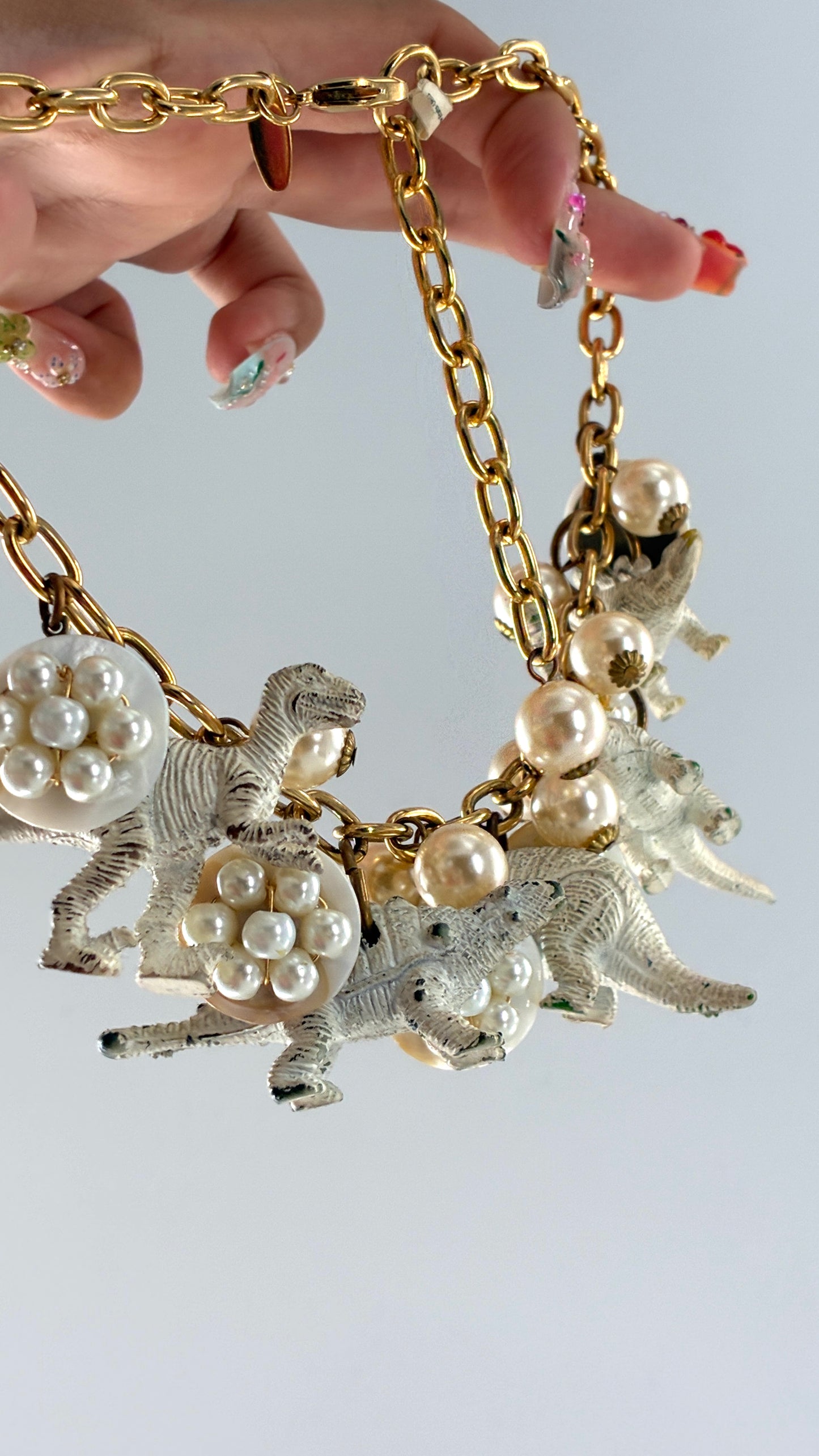 Vintage LENORA DAME Pearlescent Dinosaur Charm, Gold Chain Choker