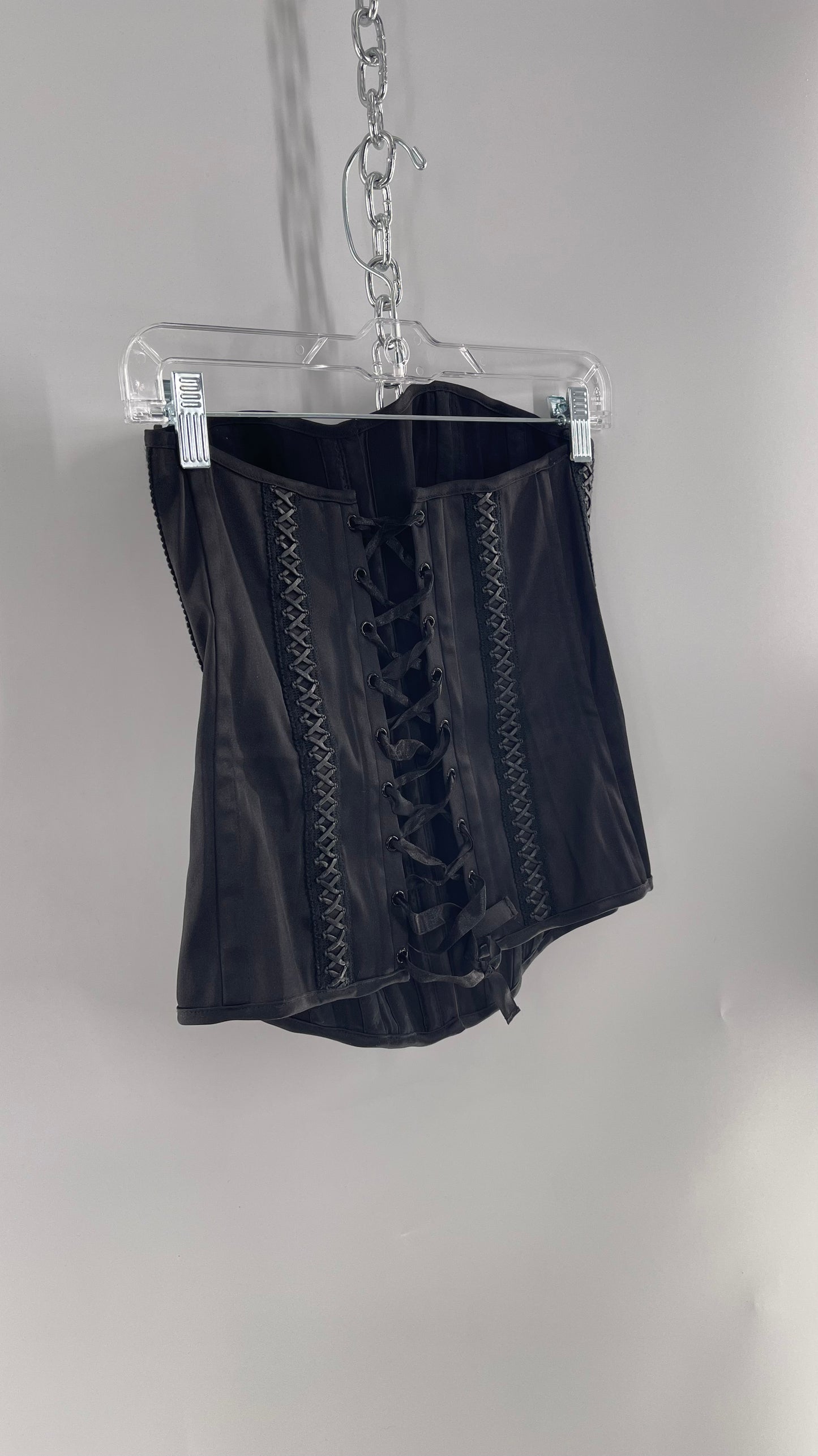 Vintage Charlotte Russe Black Boned Corset with Criss Cross Leather Details and Lace Up Back (Large)