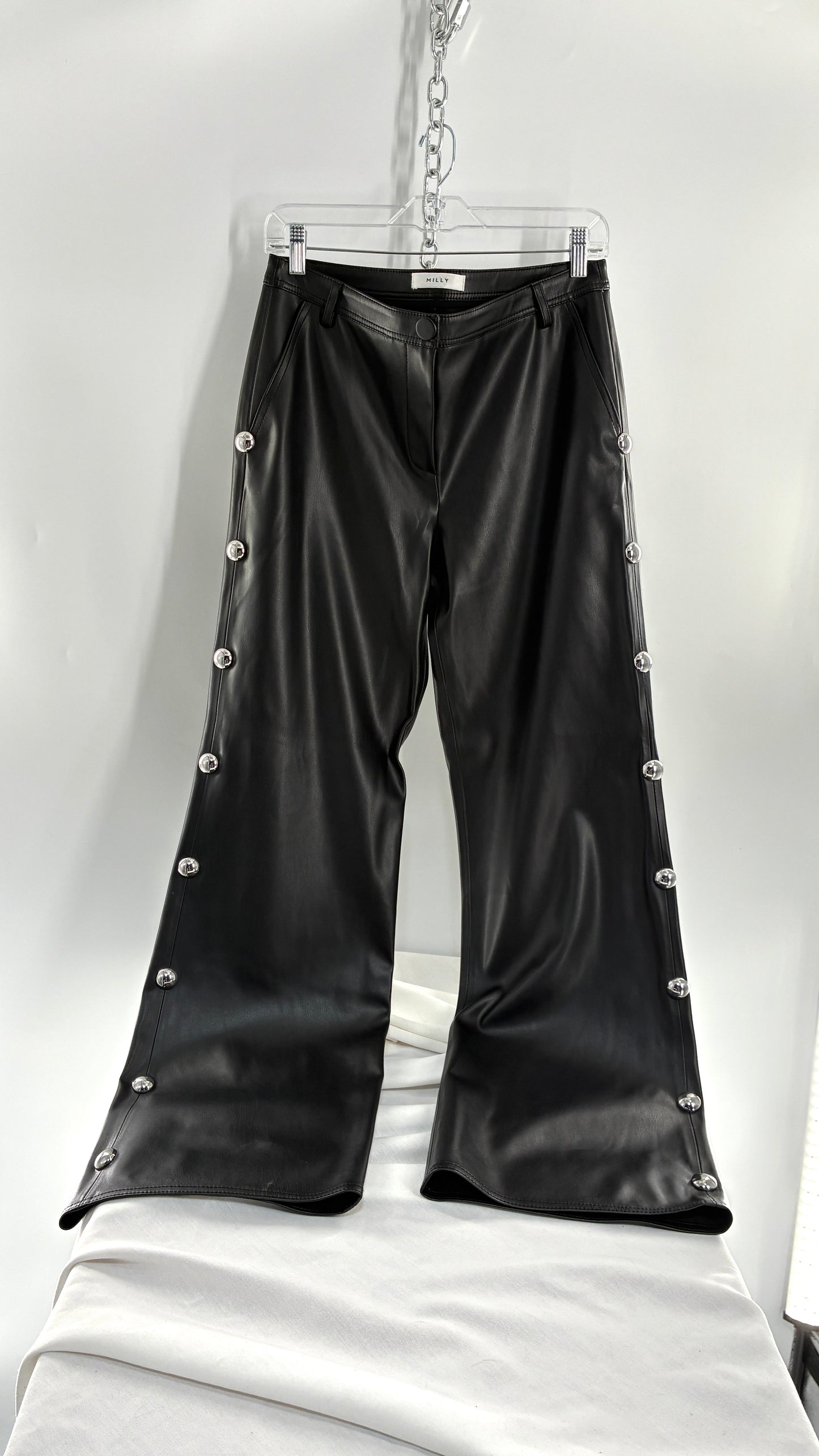 Vintage MILLY Black Vegan Leather Wide Leg Pants with Silver Oversized Studs