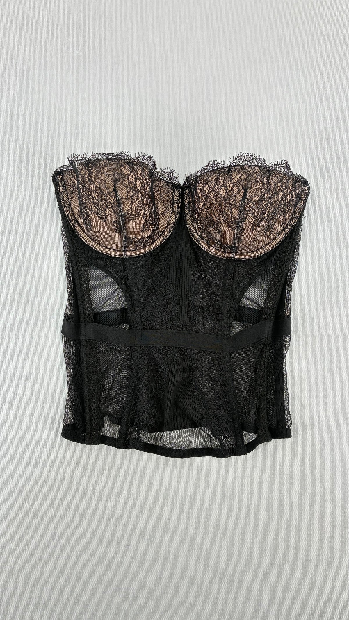 Deadstock Vintage VICTORIA’S SECRET Black Mesh Corset with Nude Cups and Tags Attached (32C)