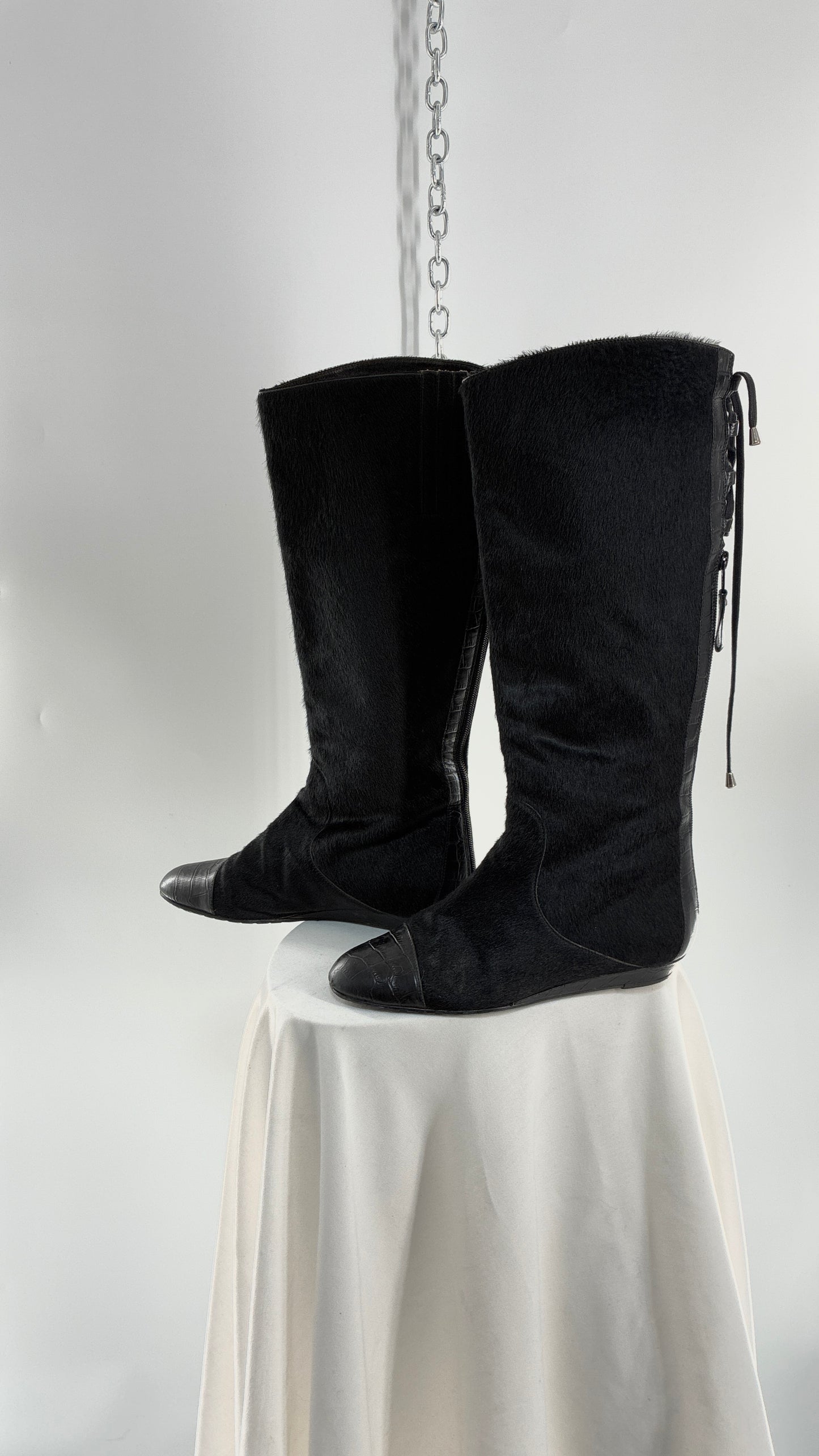 Vintage MIGLIORINI Black Genuine Calf Hair/Fur Boots with Heel, Made in Italy (7.5)