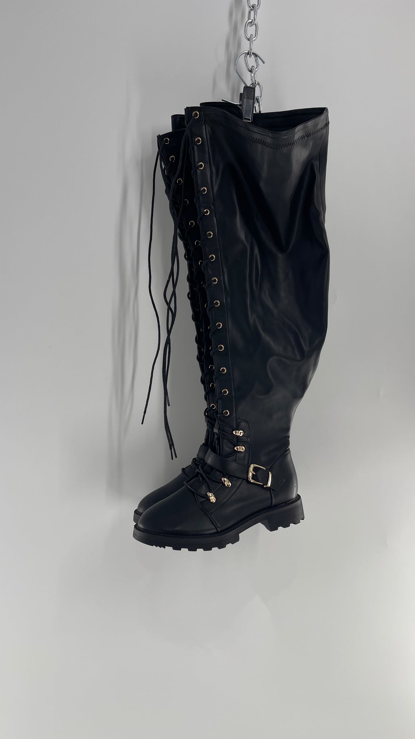 Shoedazzle Black Tall Boots with Gold Hardware (7)