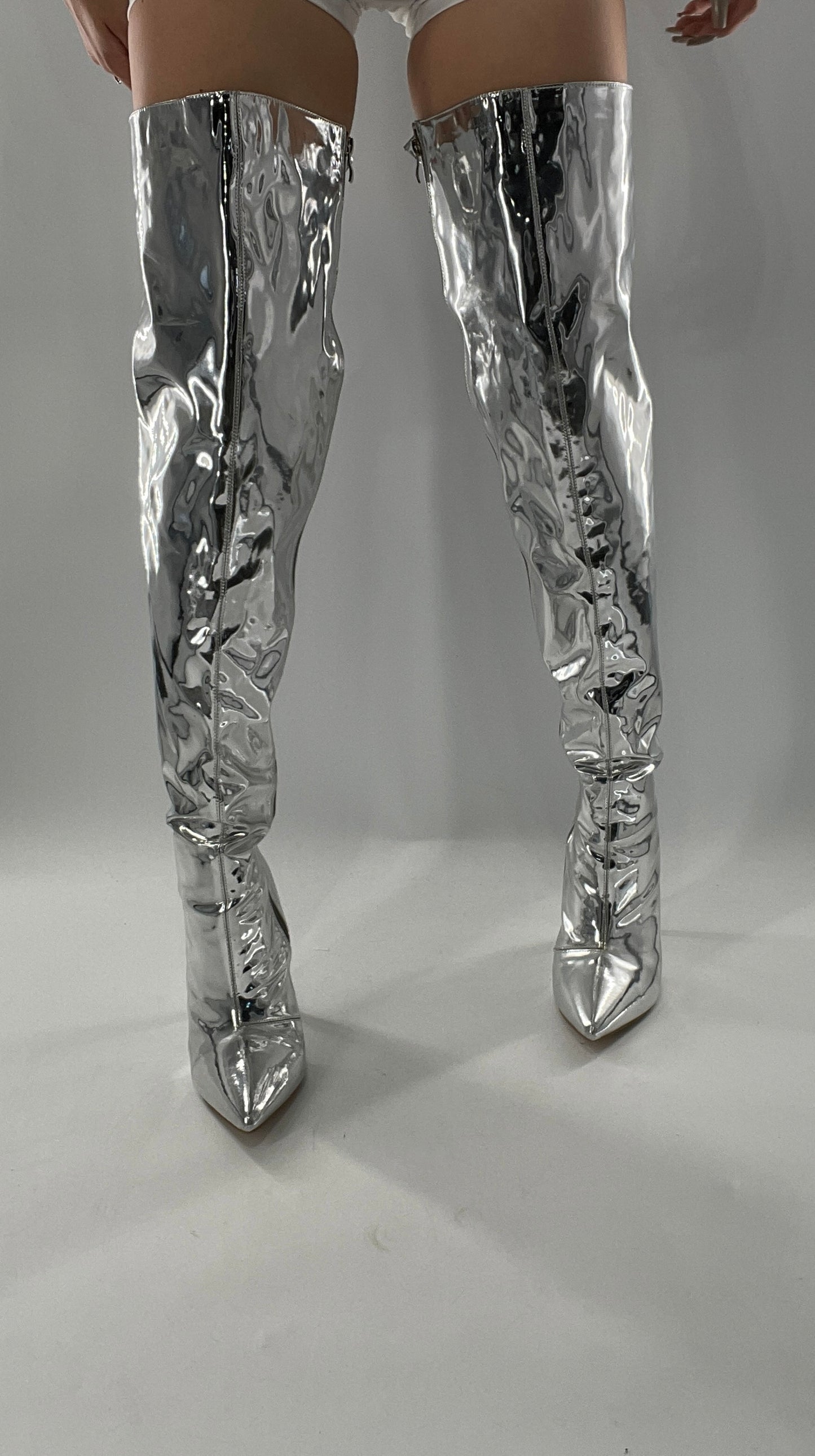 Vintage Chrome Platinum Mirrored Thigh High Molten Metal Sky High Boots Space Cadet/Concert (7)