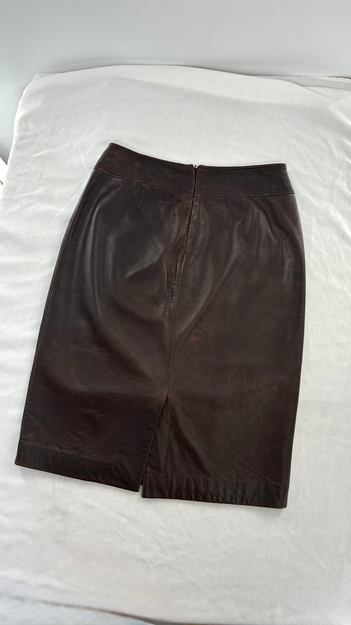 Vintage BROOKS BROTHERS Brown Distressed Genuine Leather Skirt (6)