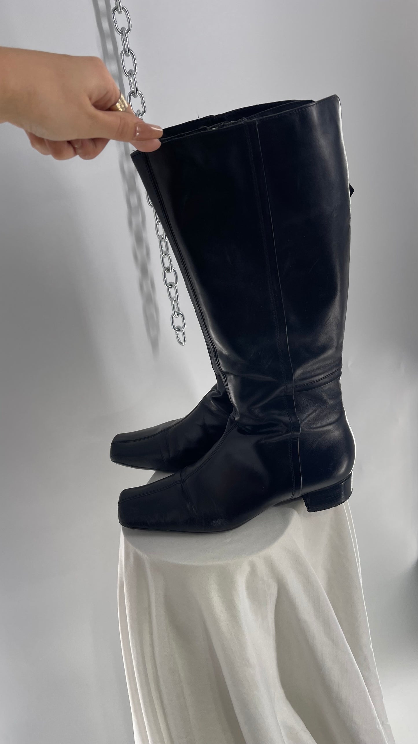 Vintage YKK Black Leather Square Toe Knee High Boot (40)