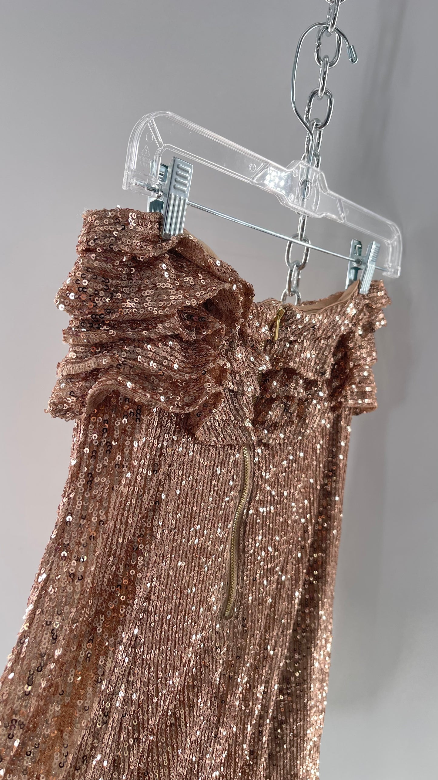 Free People Rose Gold Sequin Mini Dress with Ruffled Bust and Statement Back Zipper (4)