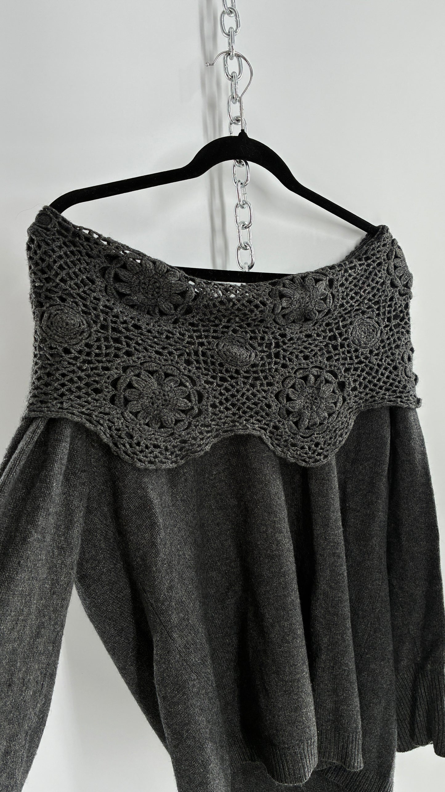 Vintage ELENA MIRO 29% Virgin Wool 8% Angora Wool 8% Cashmere Grey Off the Shoulder Crochet Band Sweater (Medium)