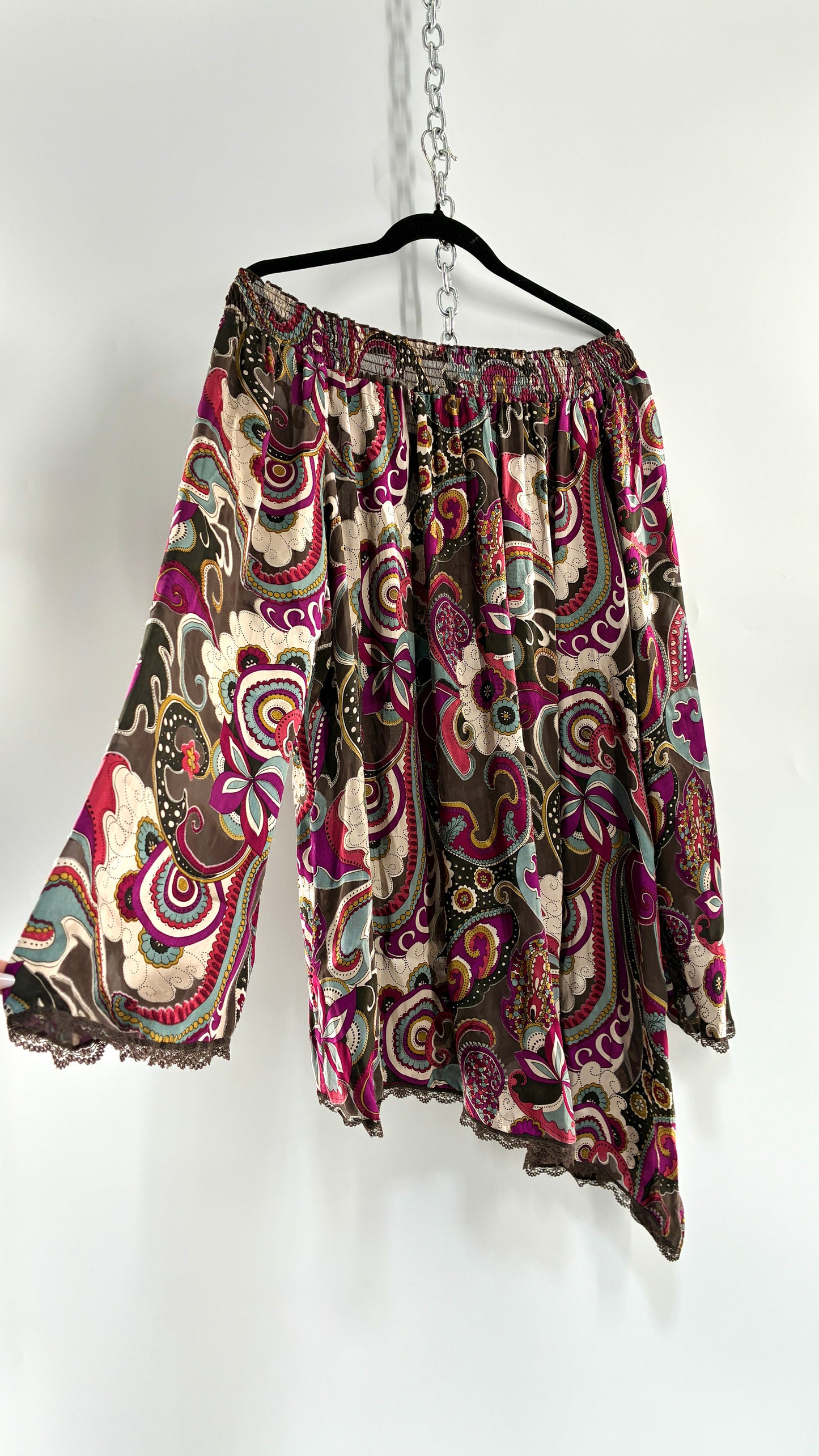 Vintage Italian 1990s 35% Silk Beaded Off the Shoulder Paisley Blouse/Mini Dress with Lace Trim (One Size)