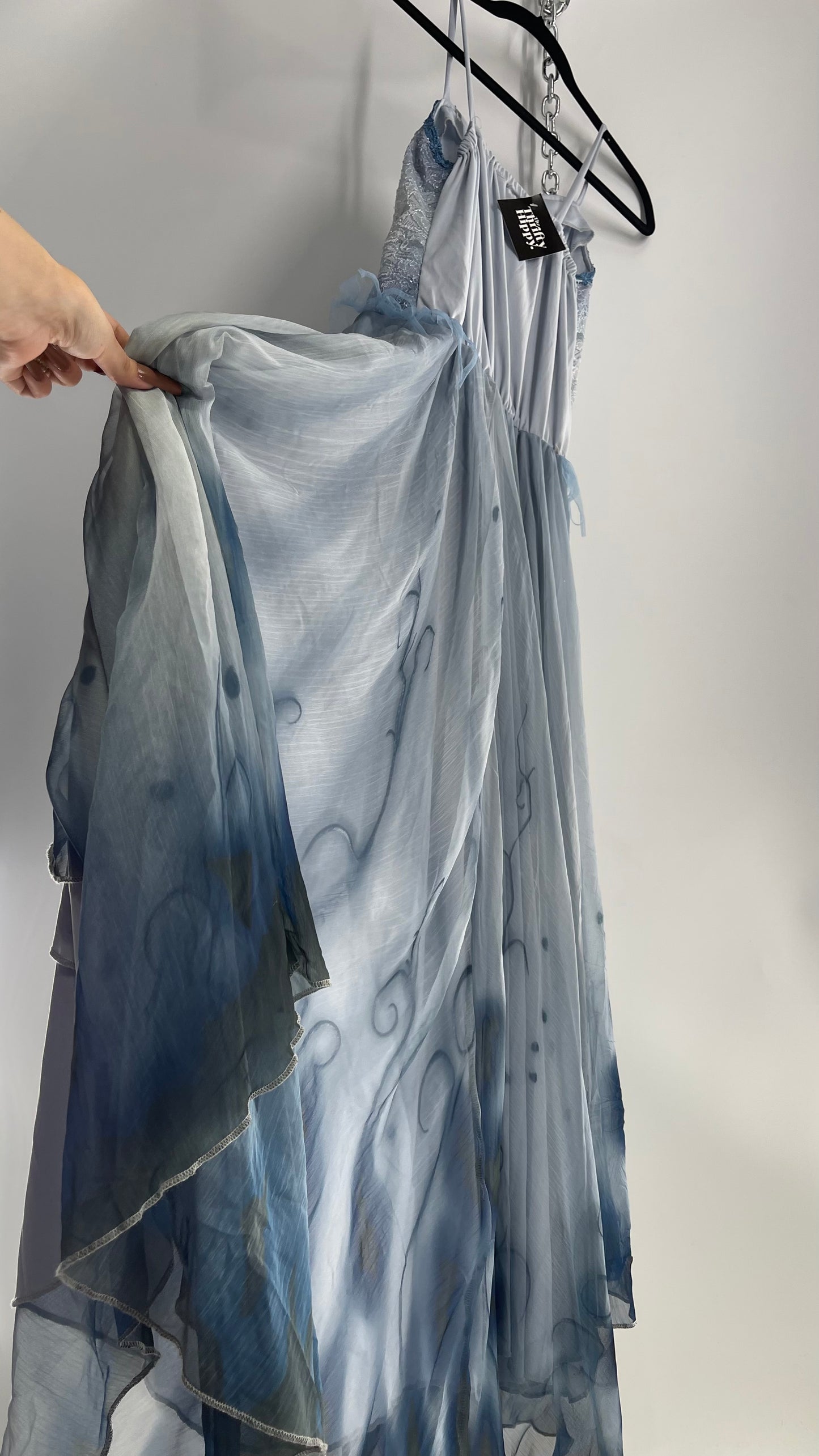 Vintage Muted Blue Corpse Bride Style Gown with Tulle, Embroidery and Ombré