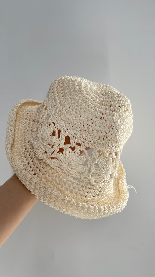 Vintage Off White Crochet Straw Bucket Hat