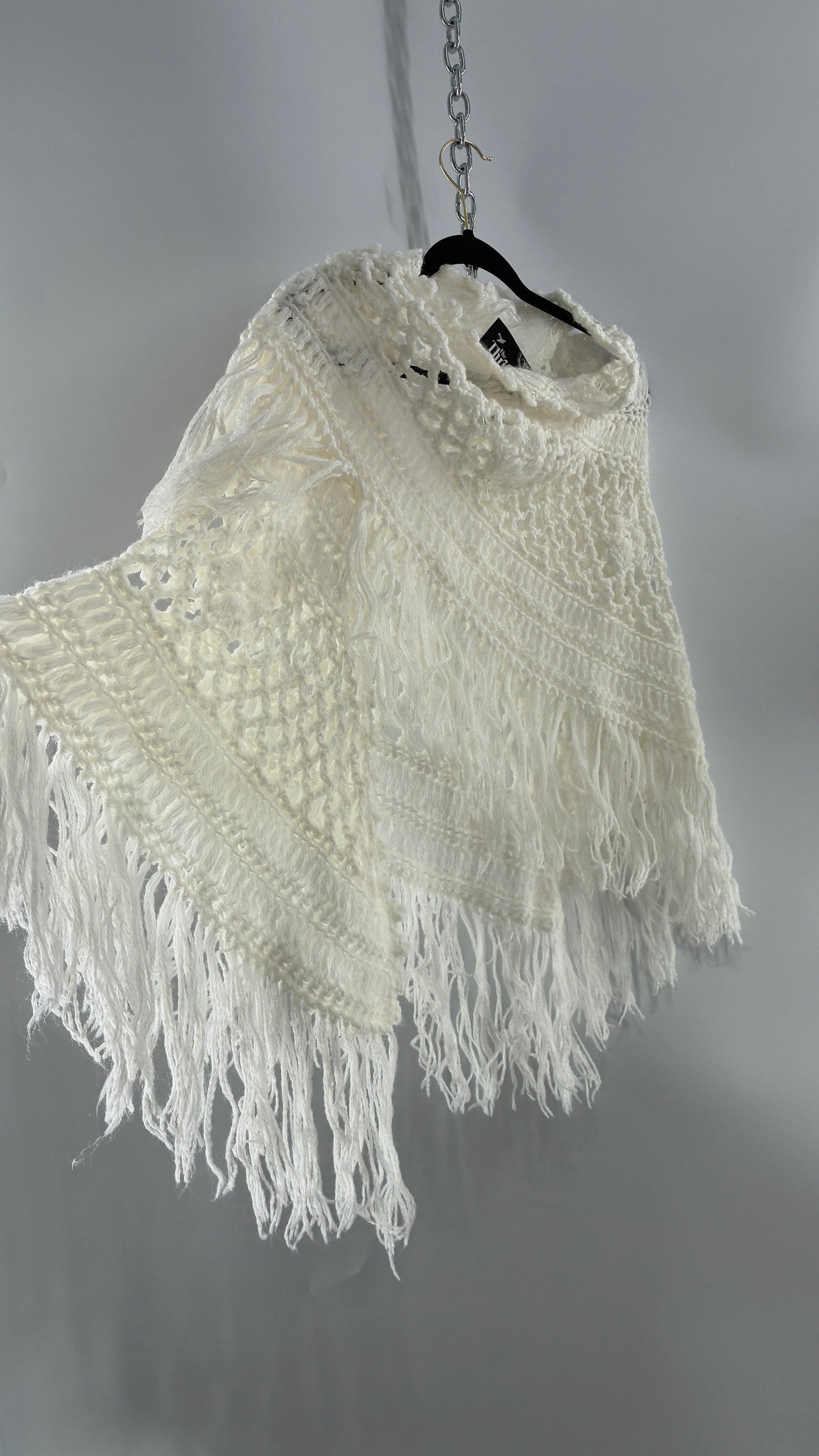 Vintage Off White Hand Knit Scarf Poncho Shawl Cape