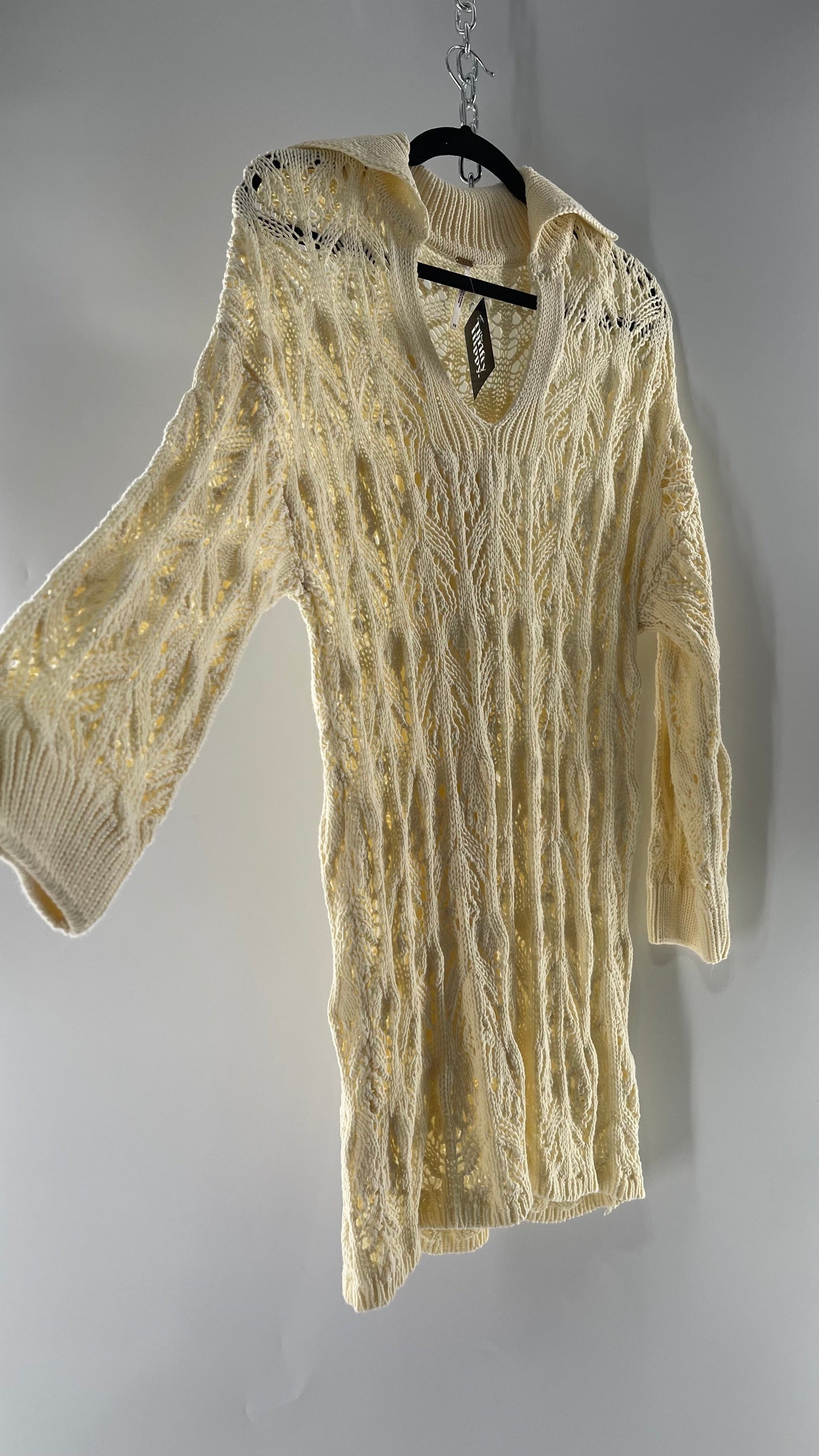 Free People Baby Yellow Comfy n Cozy Open Stitch Knit Sweater Dress (S)