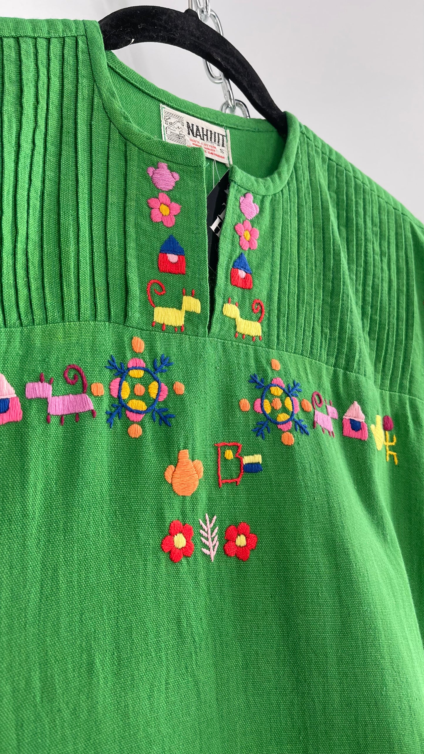 Vintage 1970s NAHUIT 100% Cotton, Kelly Green, Embroidered Tunic Dress Imported from El Salvador (Small)