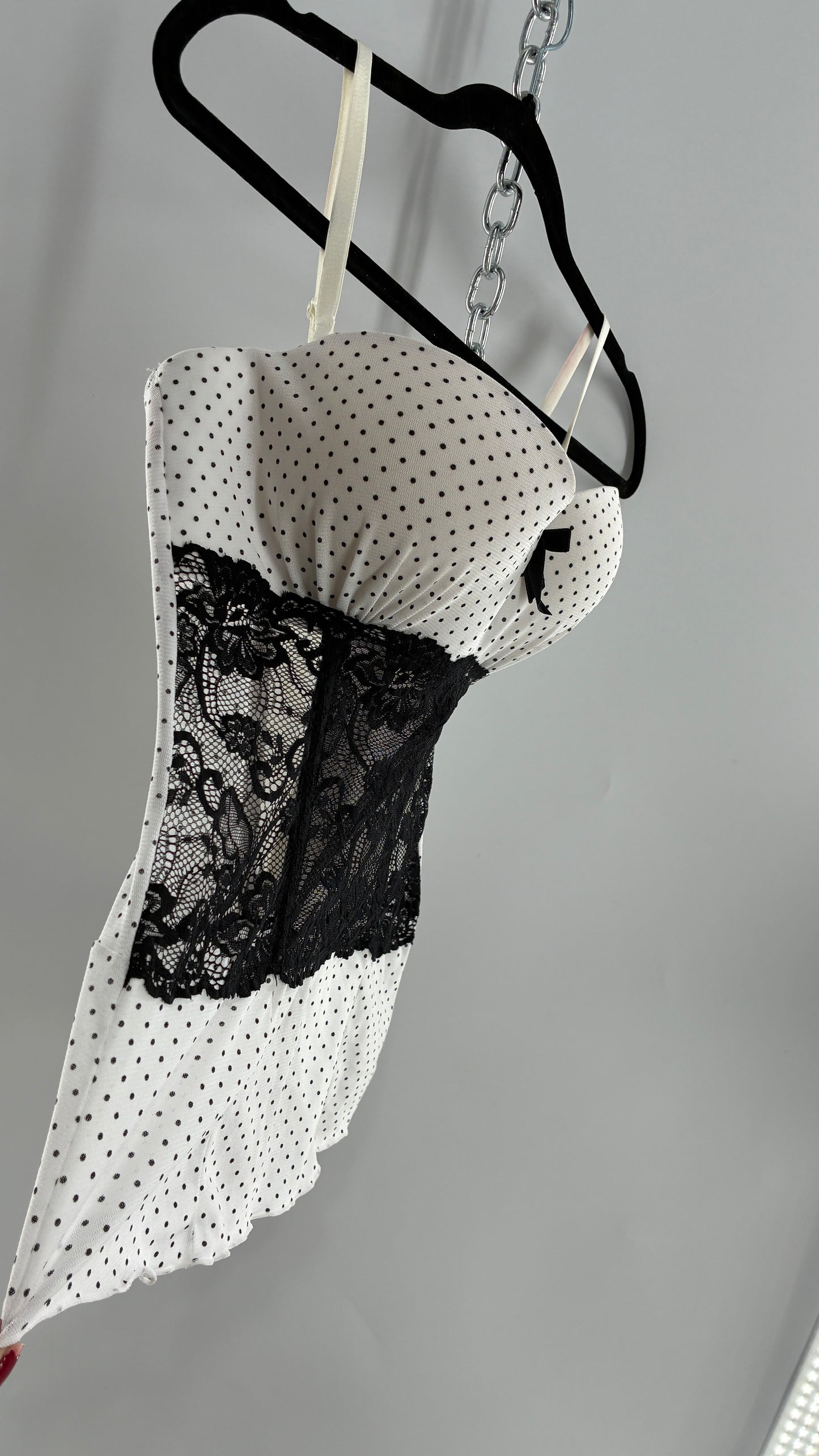 Vintage Black and White Polka Dotted Bustier Babydoll with Lace Bodice Detailing (Medium)