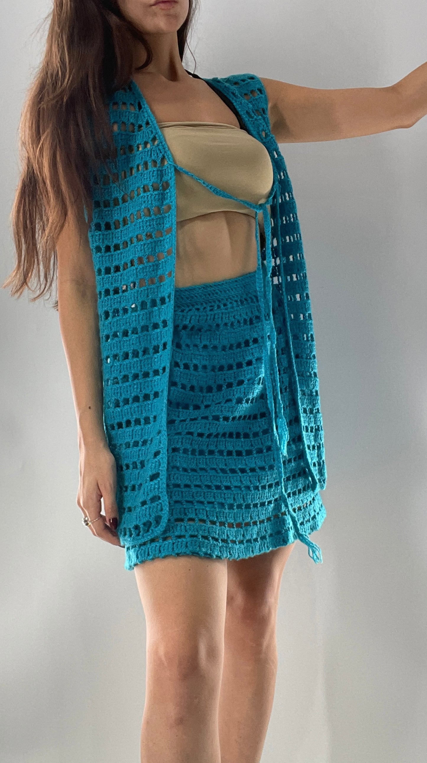 Vintage 1970s Handmade Blue Crochet Knit Mini Skirt and Long Tie Bust Vest (XS/S)