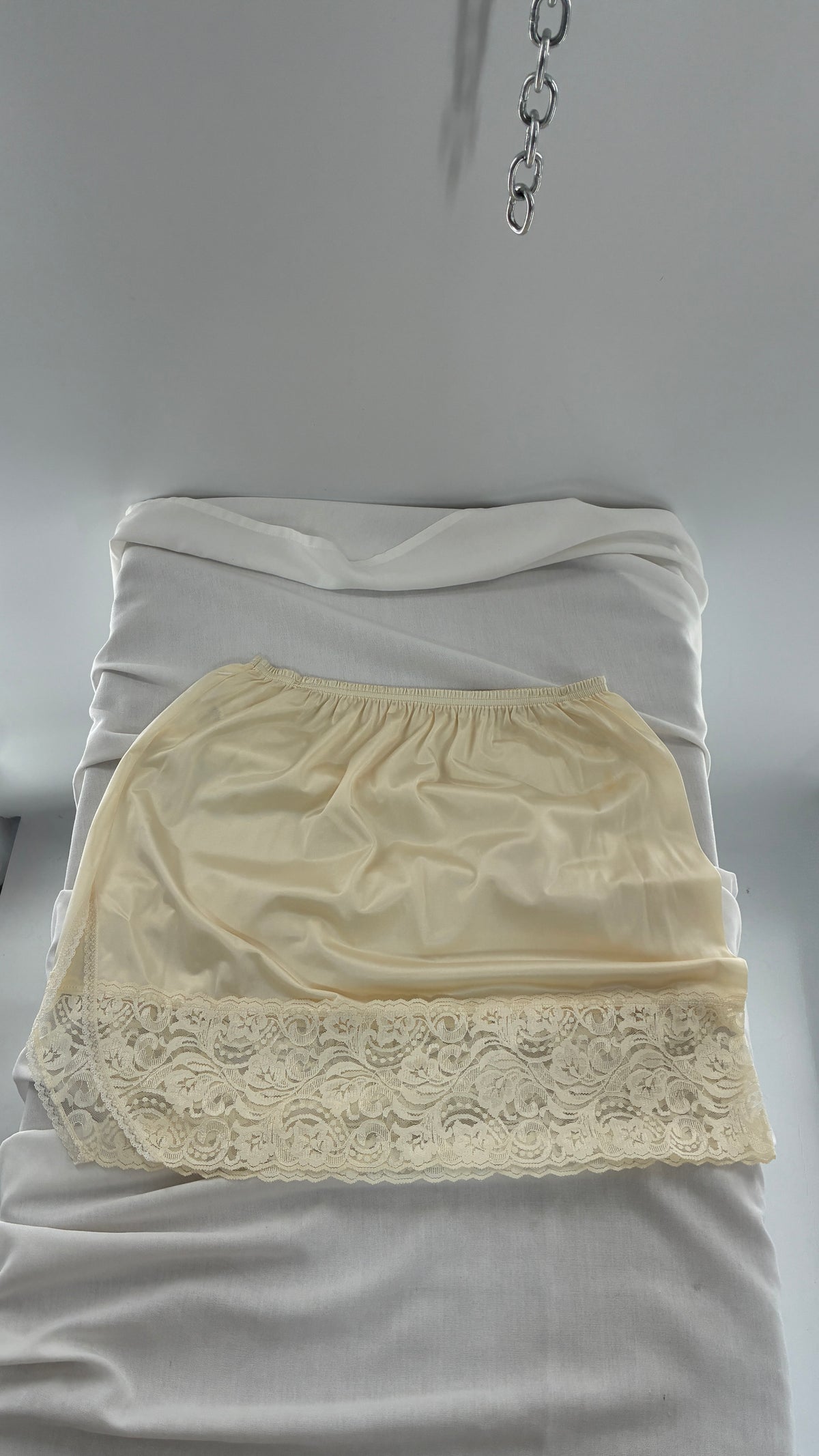 Vintage Vanity Fair Ivory Mini Slip Skirt with Slit and Wide Lace Trim (Medium)