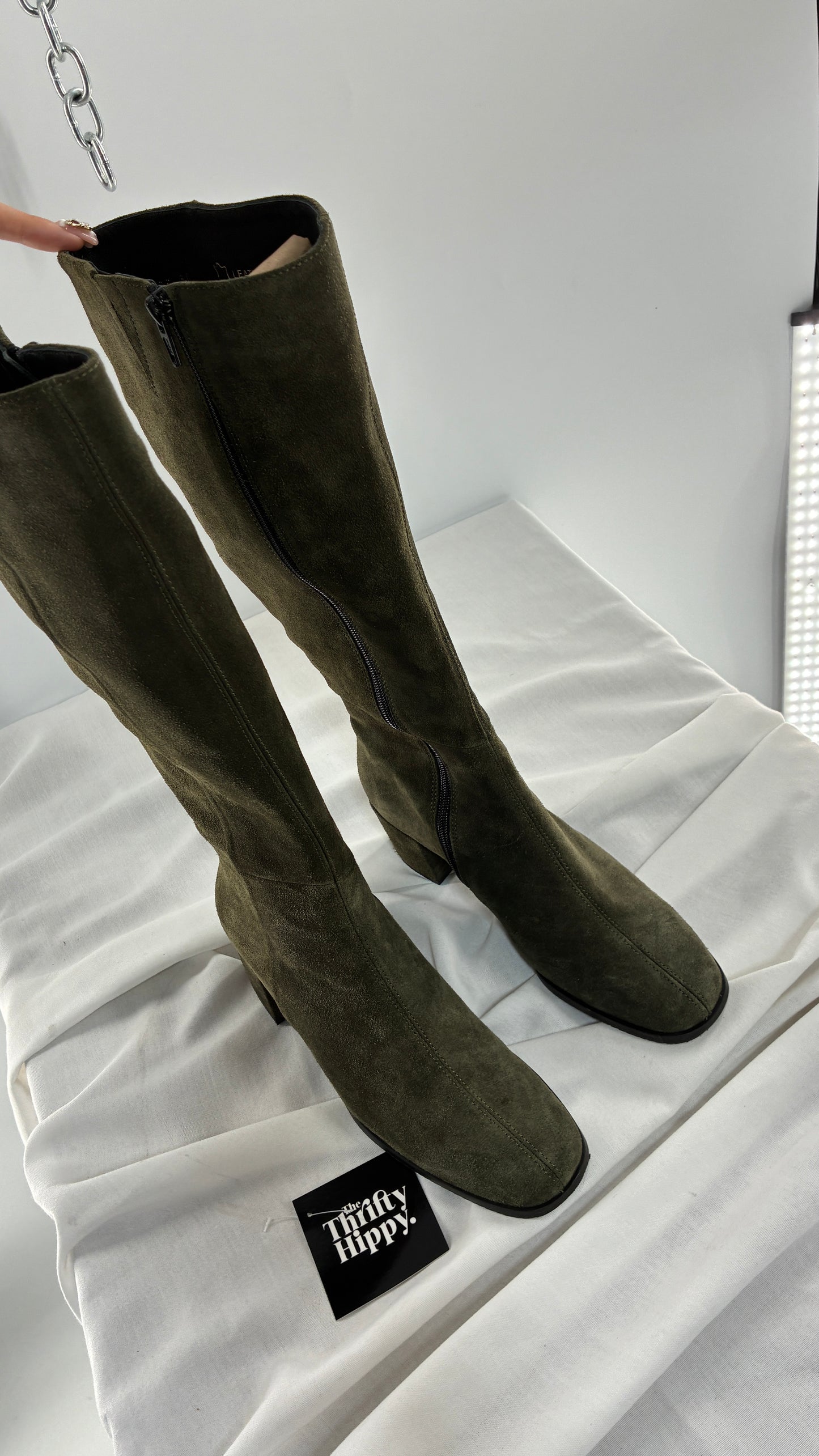 Vintage ERIC MICHAEL Olive Green Suede Boots Square Toe Knee High Boots (36)