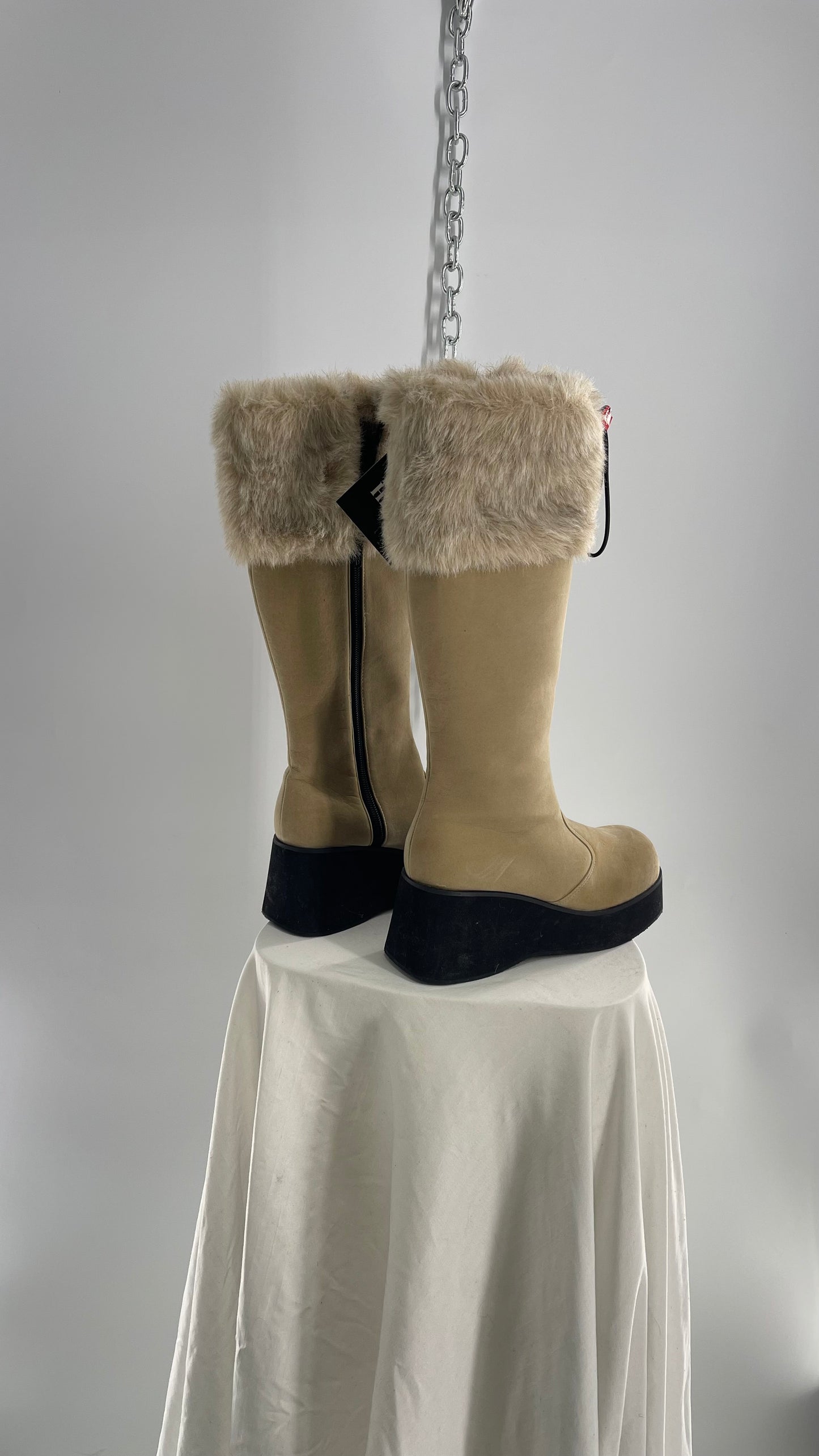 Vintage Faux Fur Trim Tan Platform Wedge Knee High Boots (6)