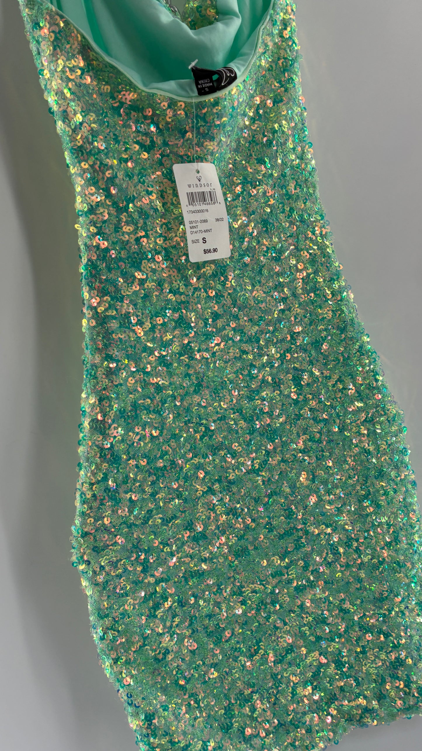WINDSOR Aqua Blue Sequin Mini Dress with Draping Bustline and Tags (Small)