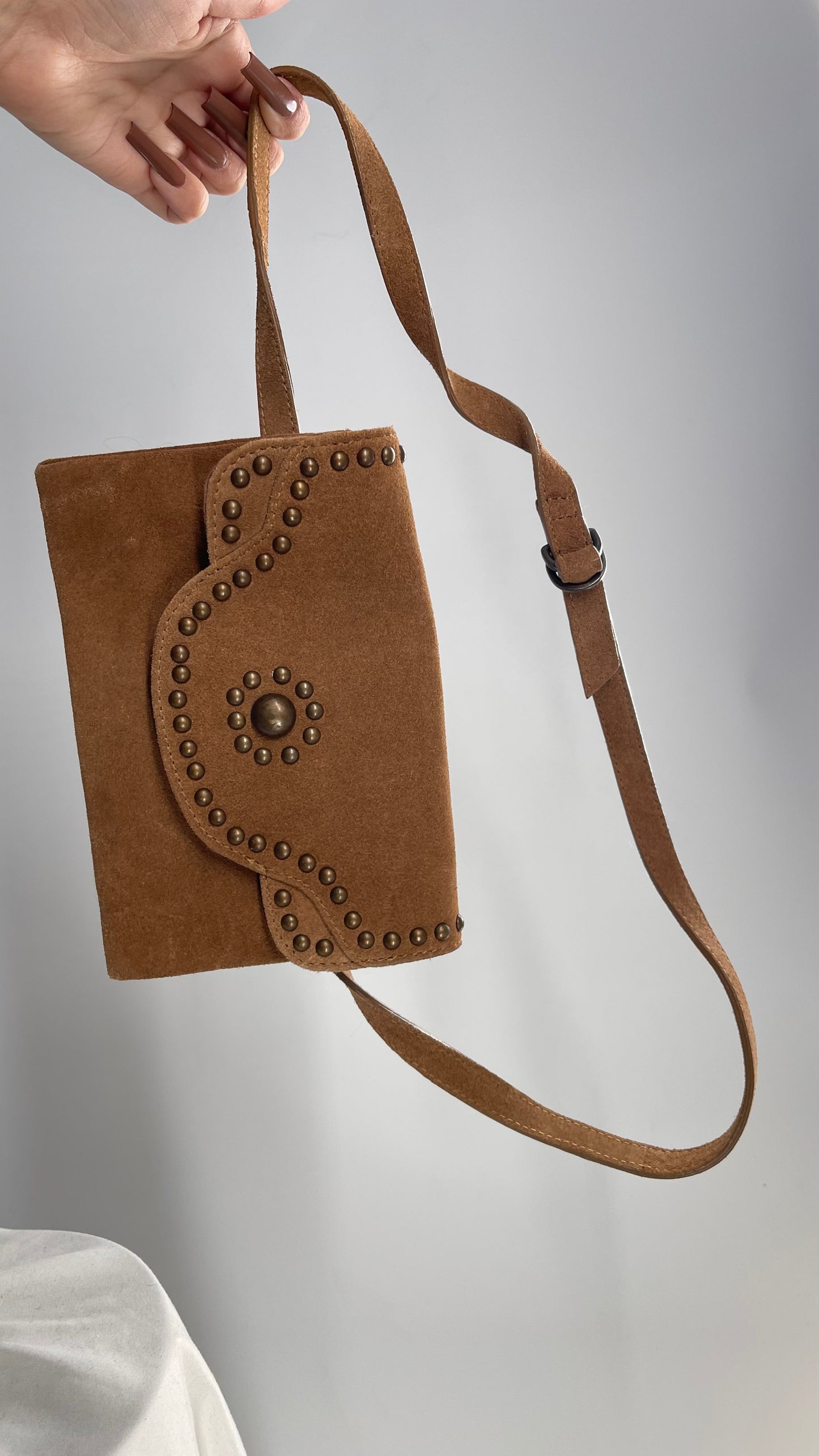 Free People Brown Suede Leather Studded Crossbody Fanny Pack Waist Bag
