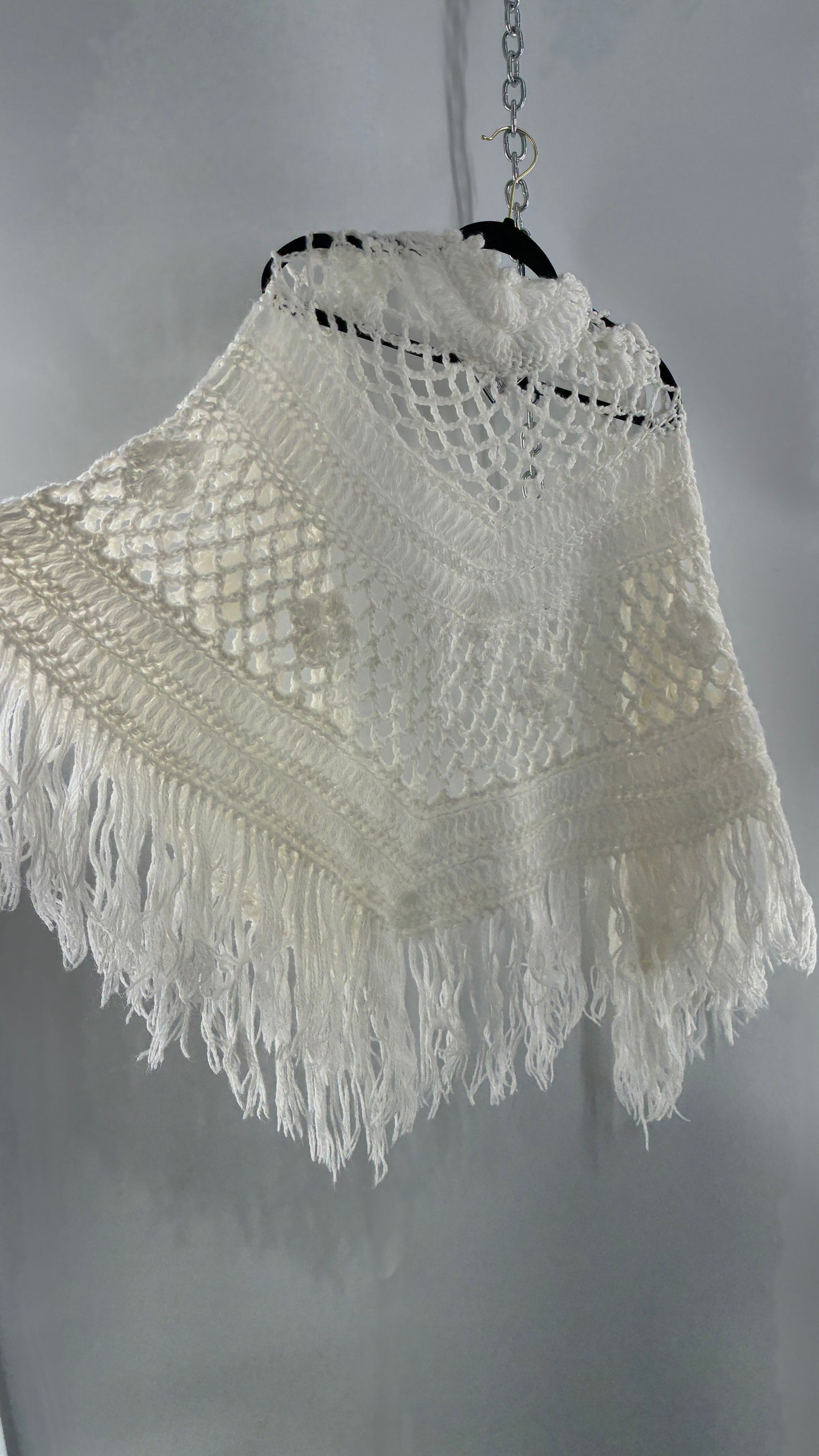 Vintage Off White Hand Knit Scarf Poncho Shawl Cape