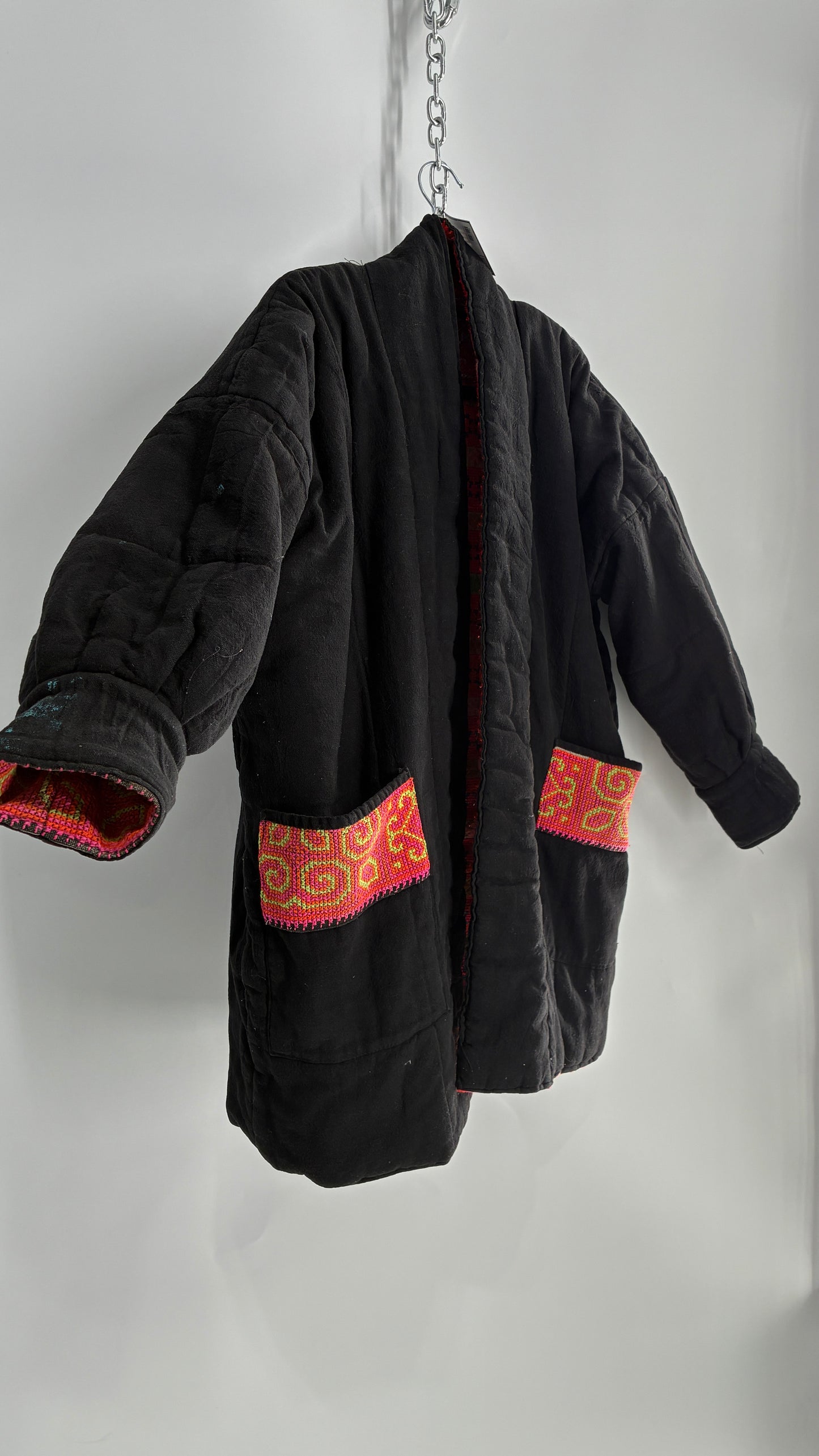One Size Neon Pink Fully Embroidered and Quilted Reversible Puff Sleeve Coat (Large)