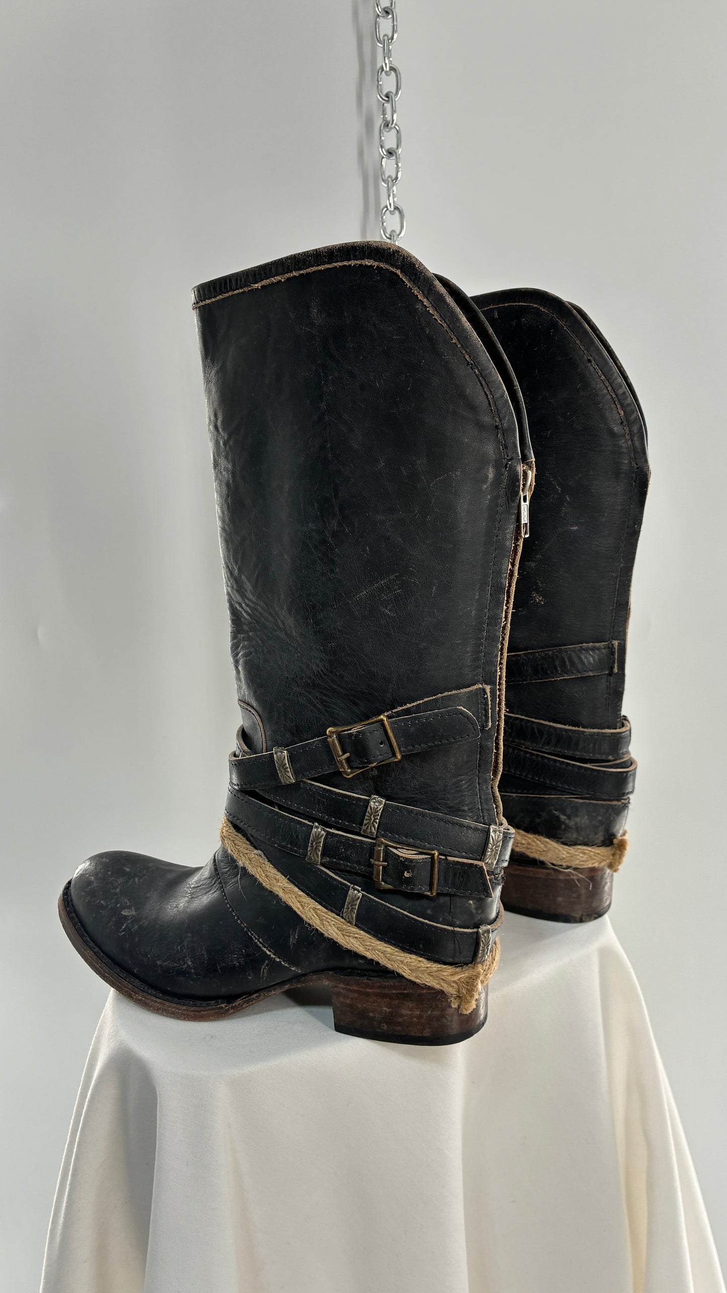 Vintage FREEBIRD Drove Distressed Black Leather Boot with Buckle Detailing (8)