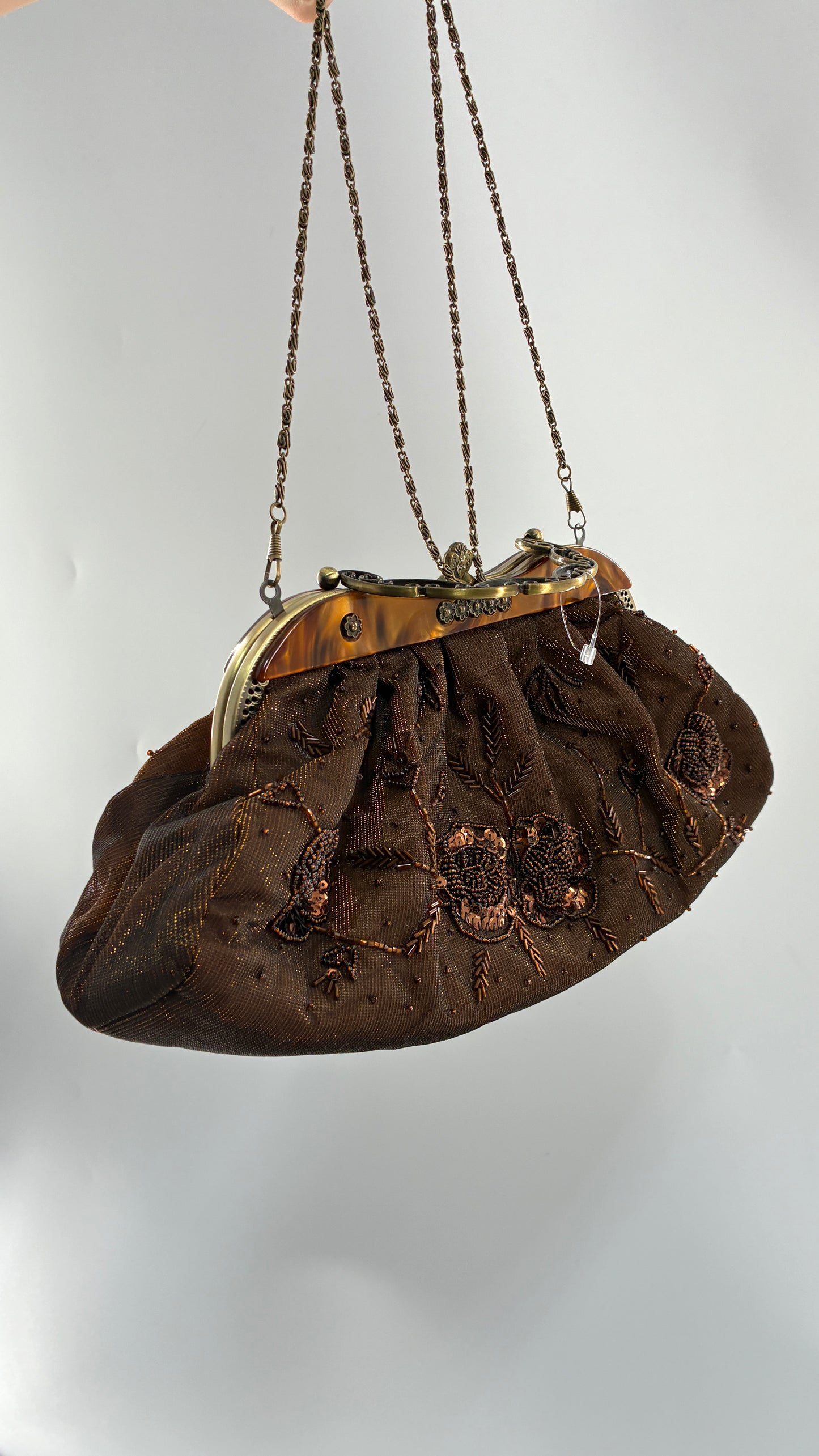 Vintage Brown Beaded and Sequin Purse with Bronze Metal Closure and Iridescent Fabric