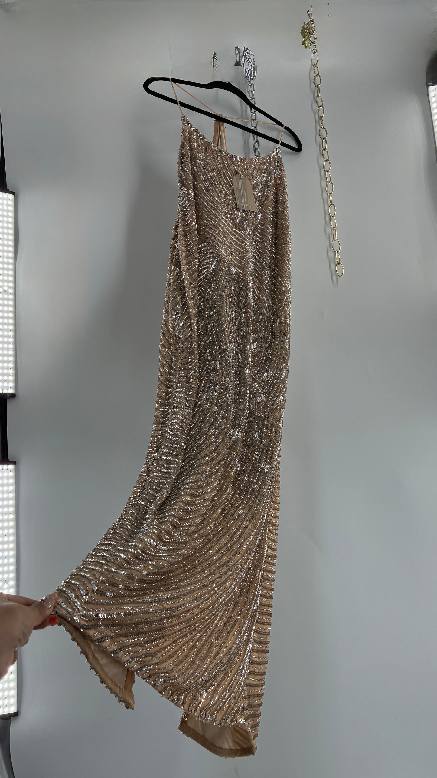 MESHKI Tierra Nude Full Length Dress with Silver Sequins with Tags Attached (XXXL)