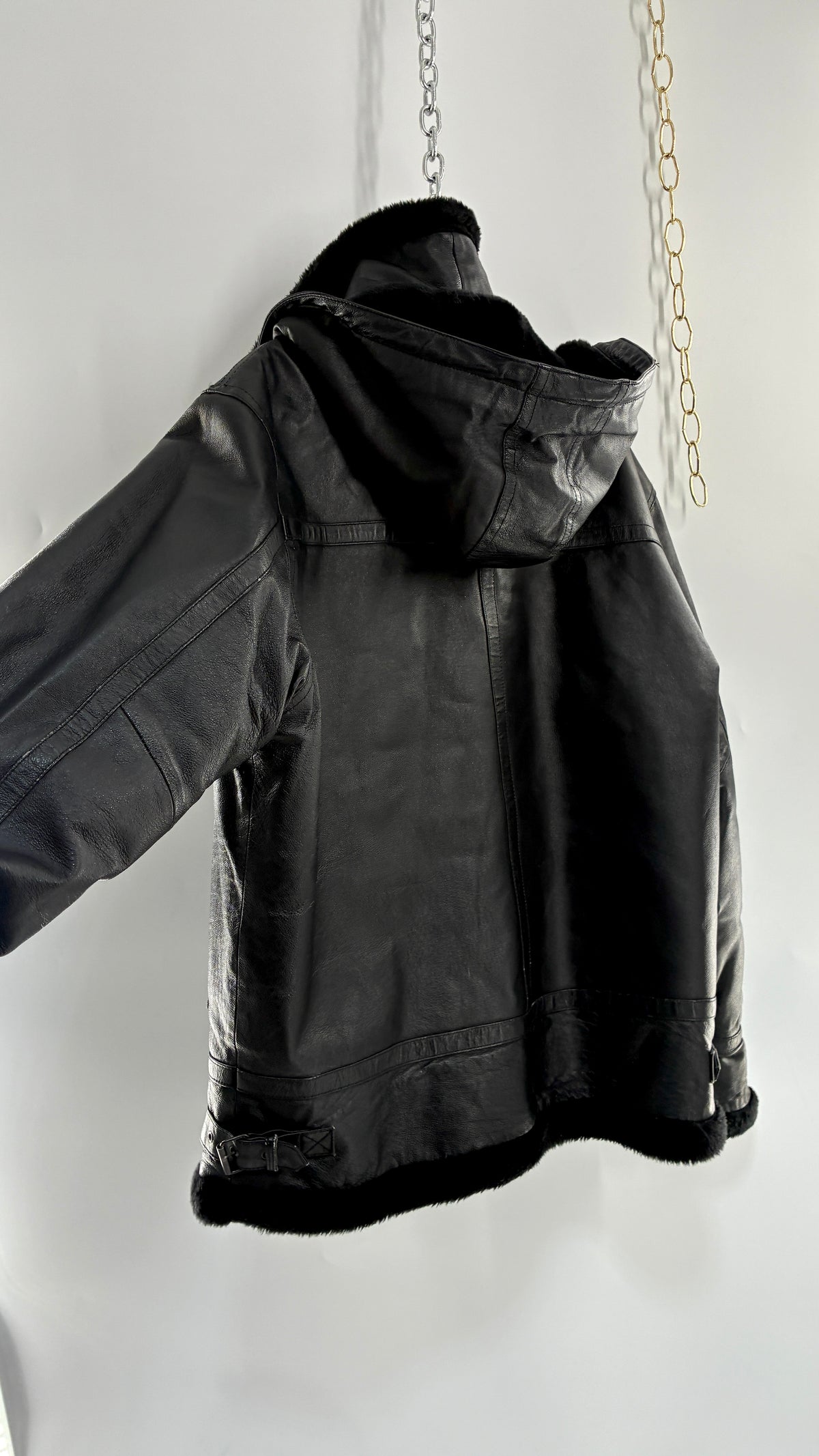 Vintage TANNERS AVENUE Black Genuine Leather Jacket with High Neck and Hood (Medium)