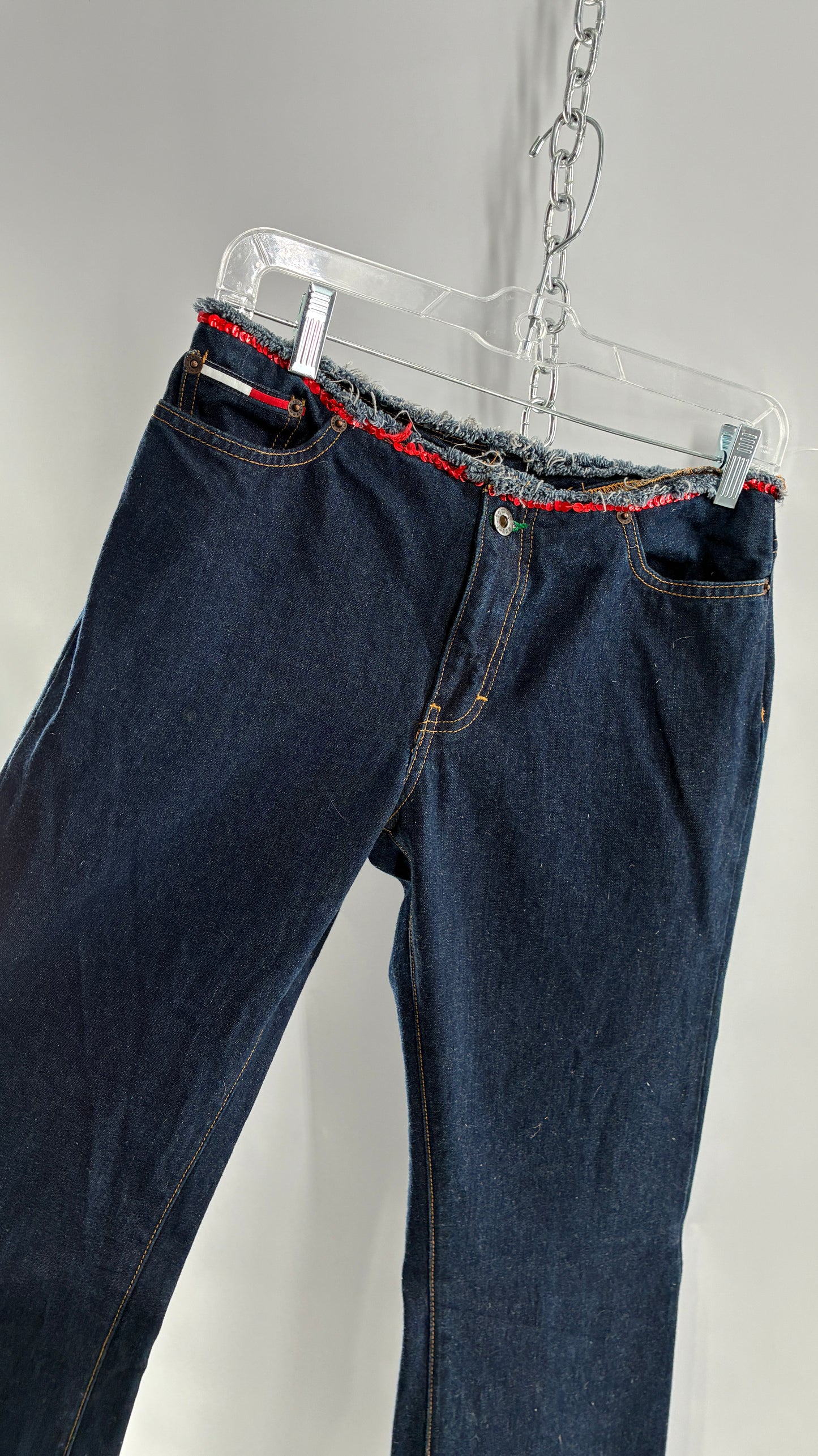 Vintage Tommy Hilfiger Low Rise Jeans with Frayed Waist Lined in Red Sequins (7)