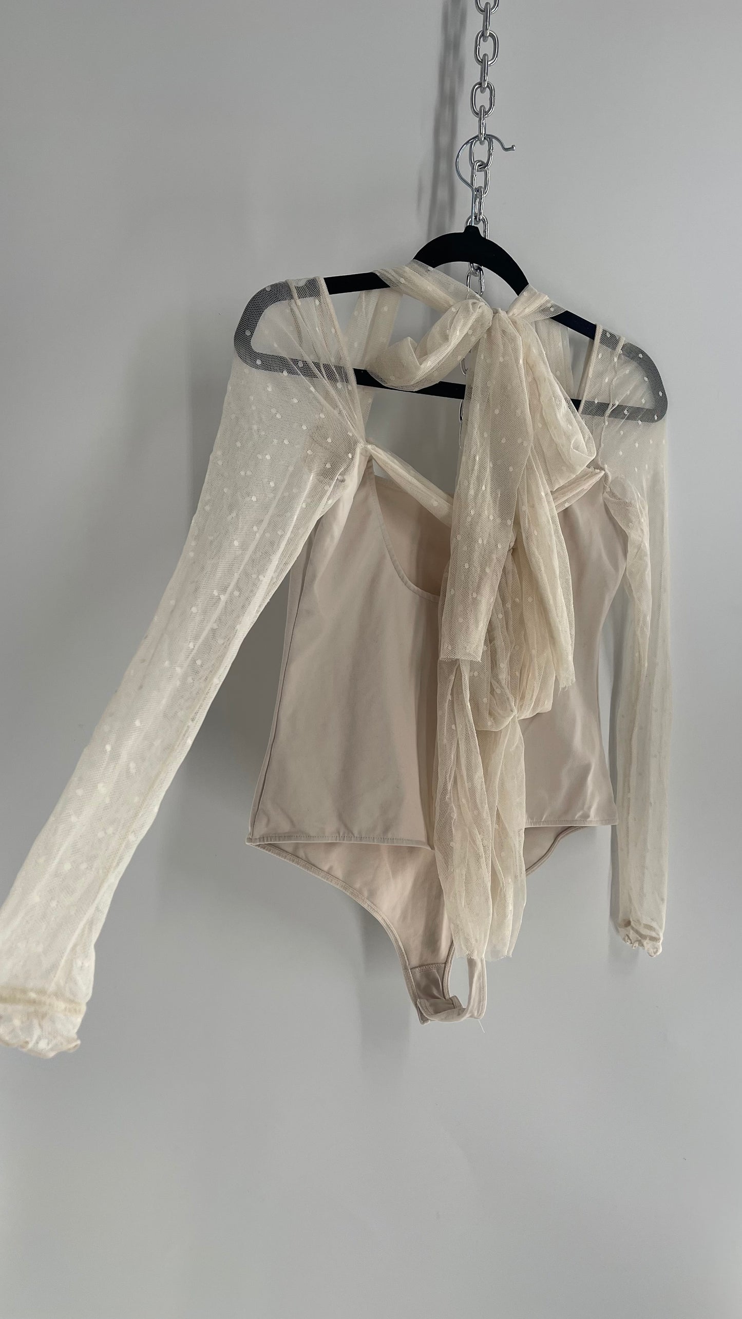 Intimately Free People Cream Bodysuit with Mesh Polka Dot Sleeves and Straps (Medium)
