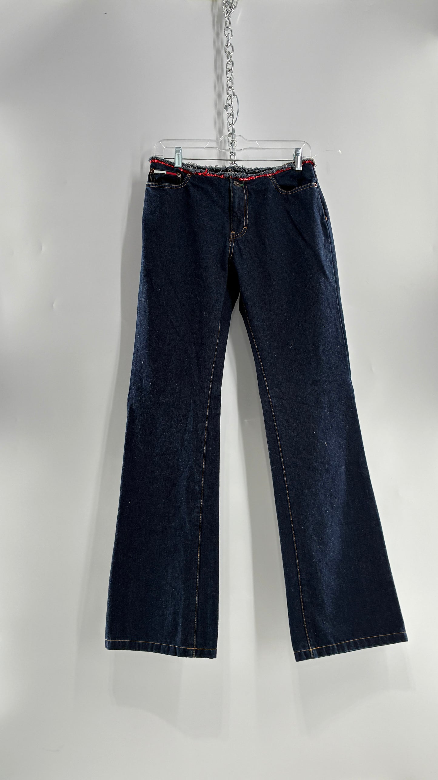 Vintage Tommy Hilfiger Low Rise Jeans with Frayed Waist Lined in Red Sequins (7)