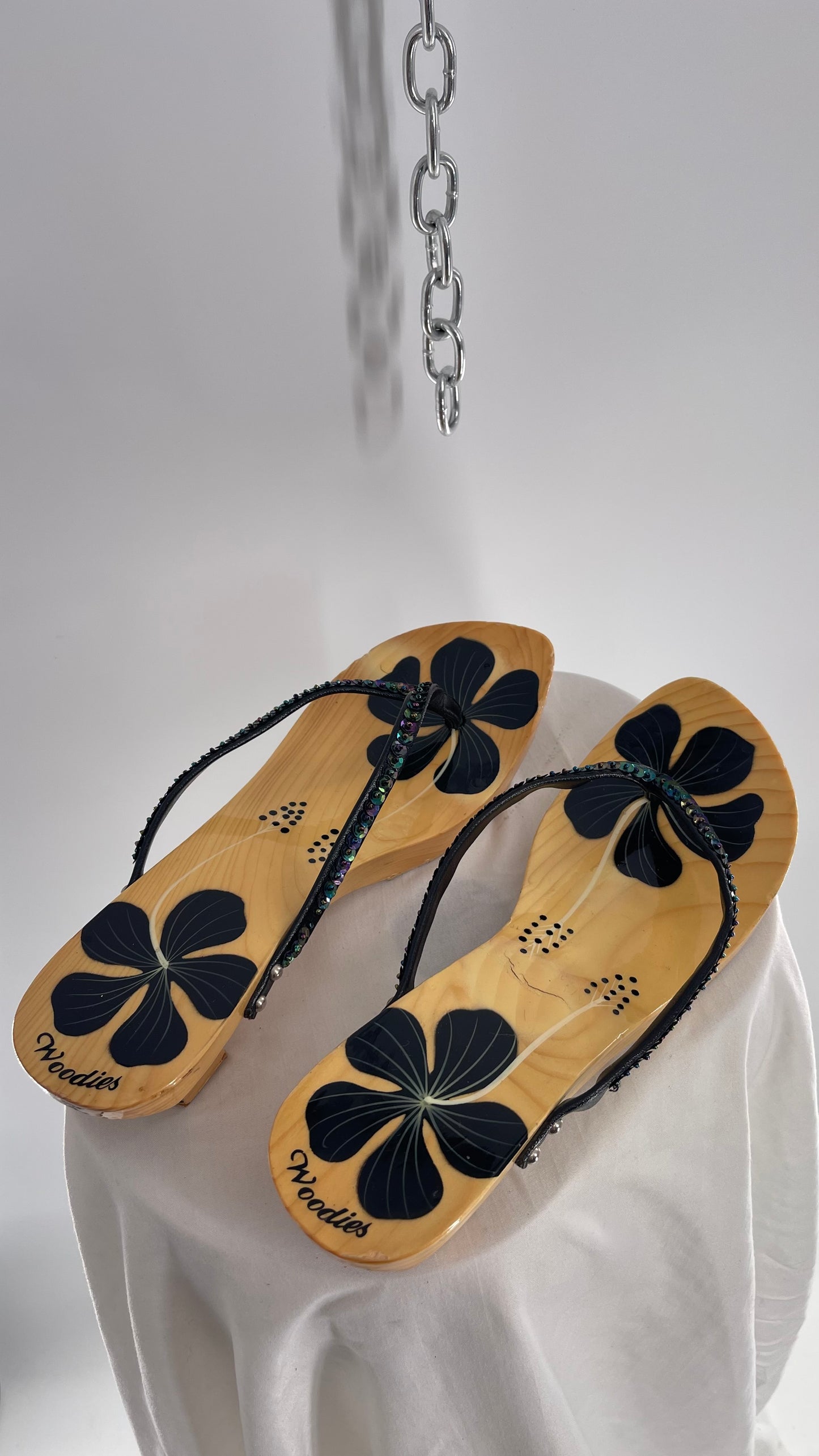 Vintage Woodies Wooden Sandal with Hand Painted Flowers and Leather/Sequin Strap (10)