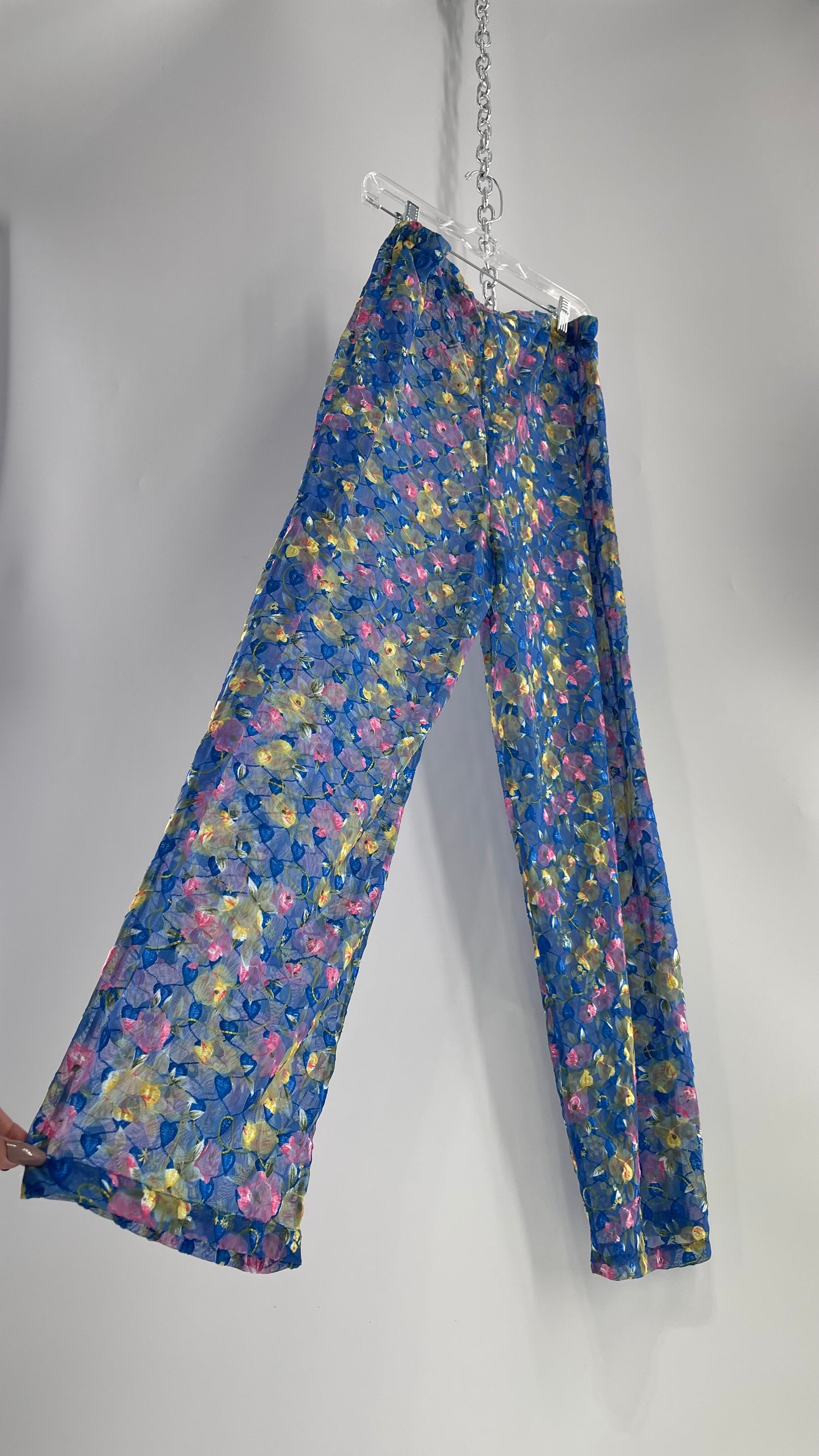 Vintage Classics Fun Pants Cover Up Blue, Embroidered Vines and Floral Graphic (Large)