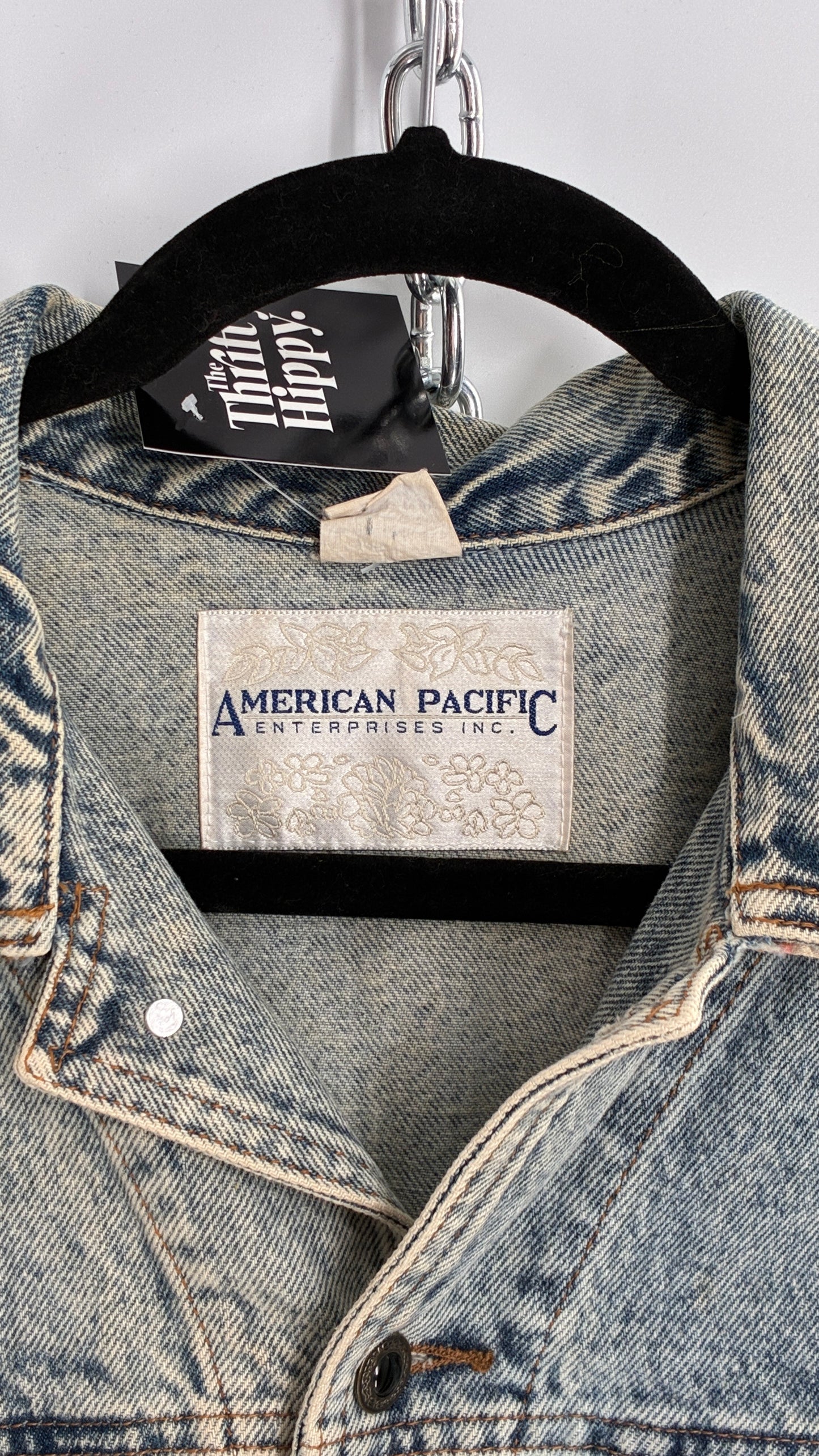 Vintage American Pacific Acid Wash Denim Jacket with Floral Patterned Cuffs (Large)