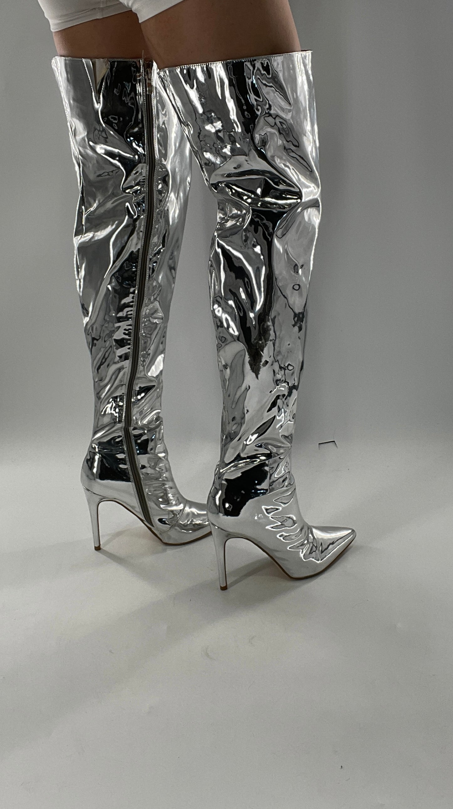 Vintage Chrome Platinum Mirrored Thigh High Molten Metal Sky High Boots Space Cadet/Concert (7)