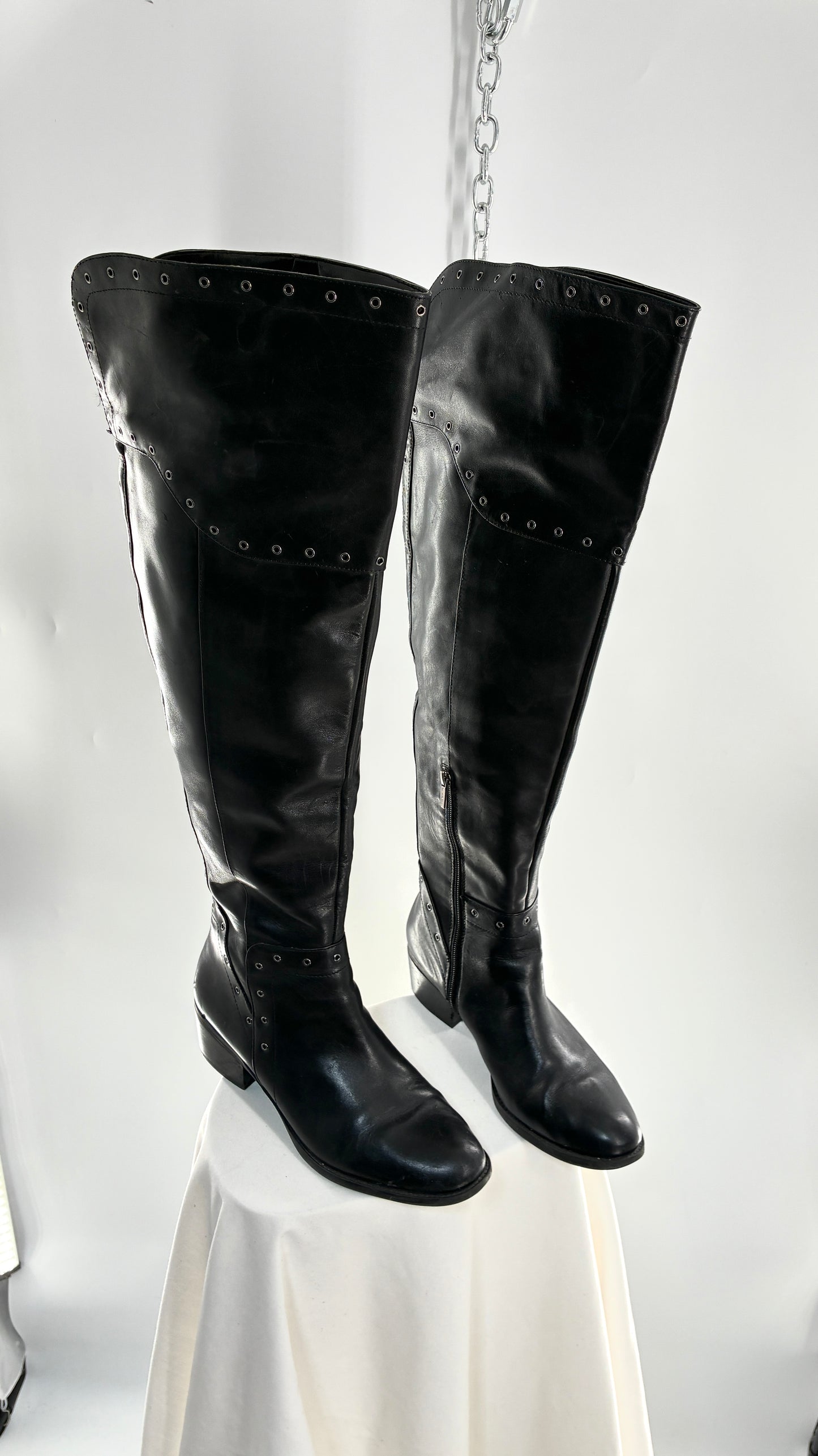 VINCE CAMUTO Genuine Leather Black Over the Knee, Thigh High Boots with Studding Details (11/41)
