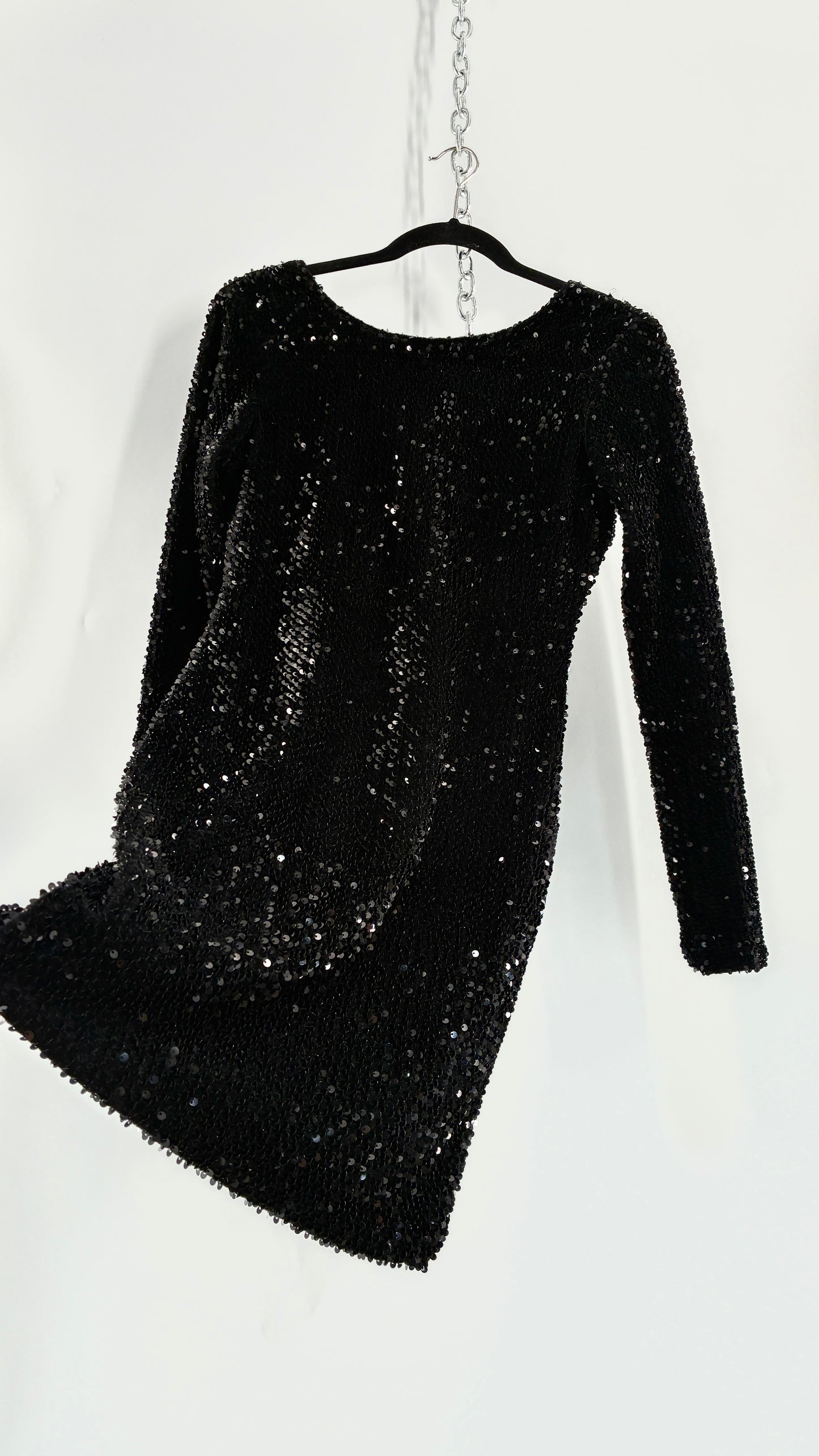 MOTEL Black Thick Velour and Sequin Long Sleeve Bodycon Mini Dress (Medium)