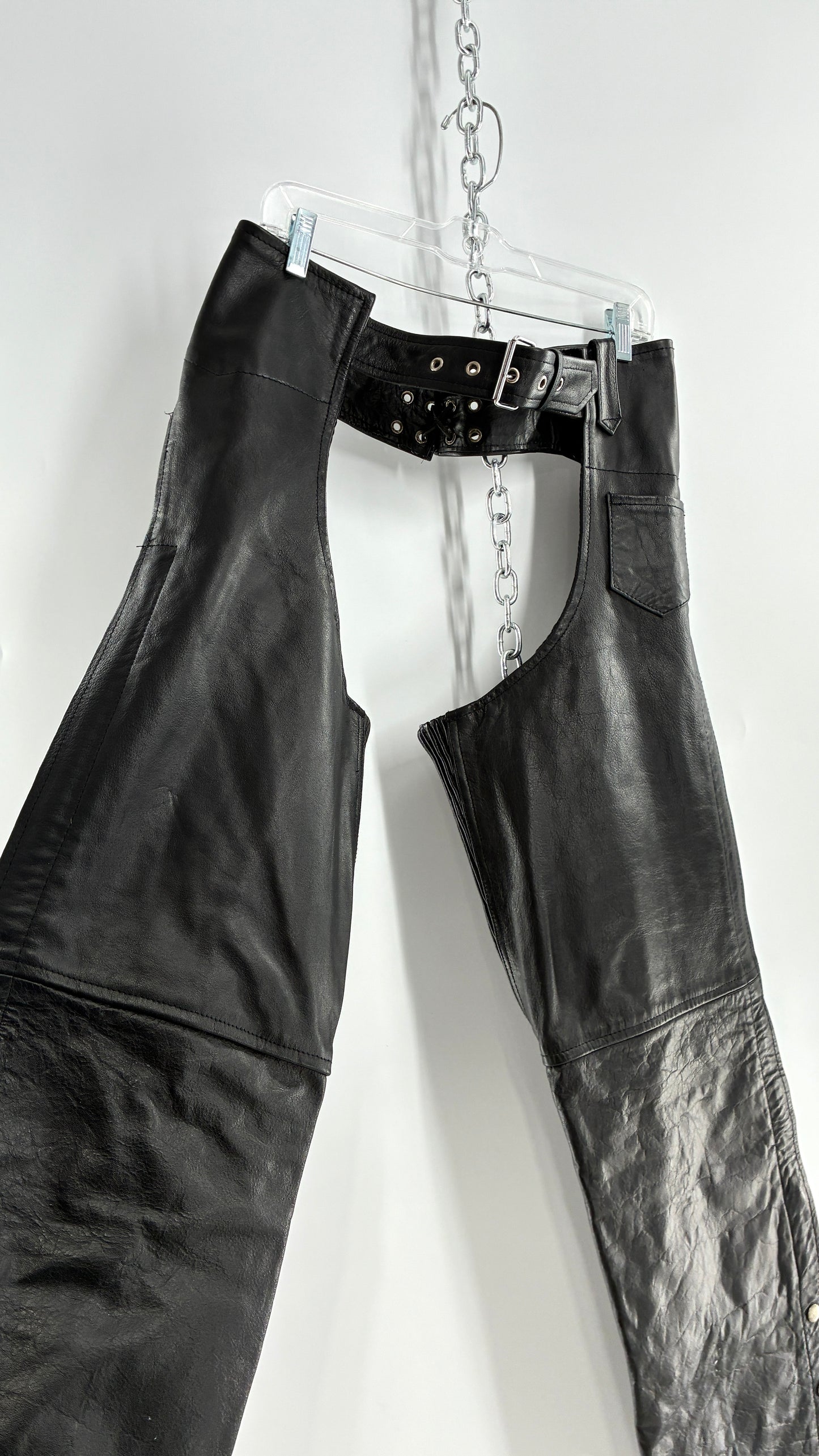 Vintage Xelement Black Genuine Leather Motorcycle Chaps with Side Zipper and Button Closure (34)
