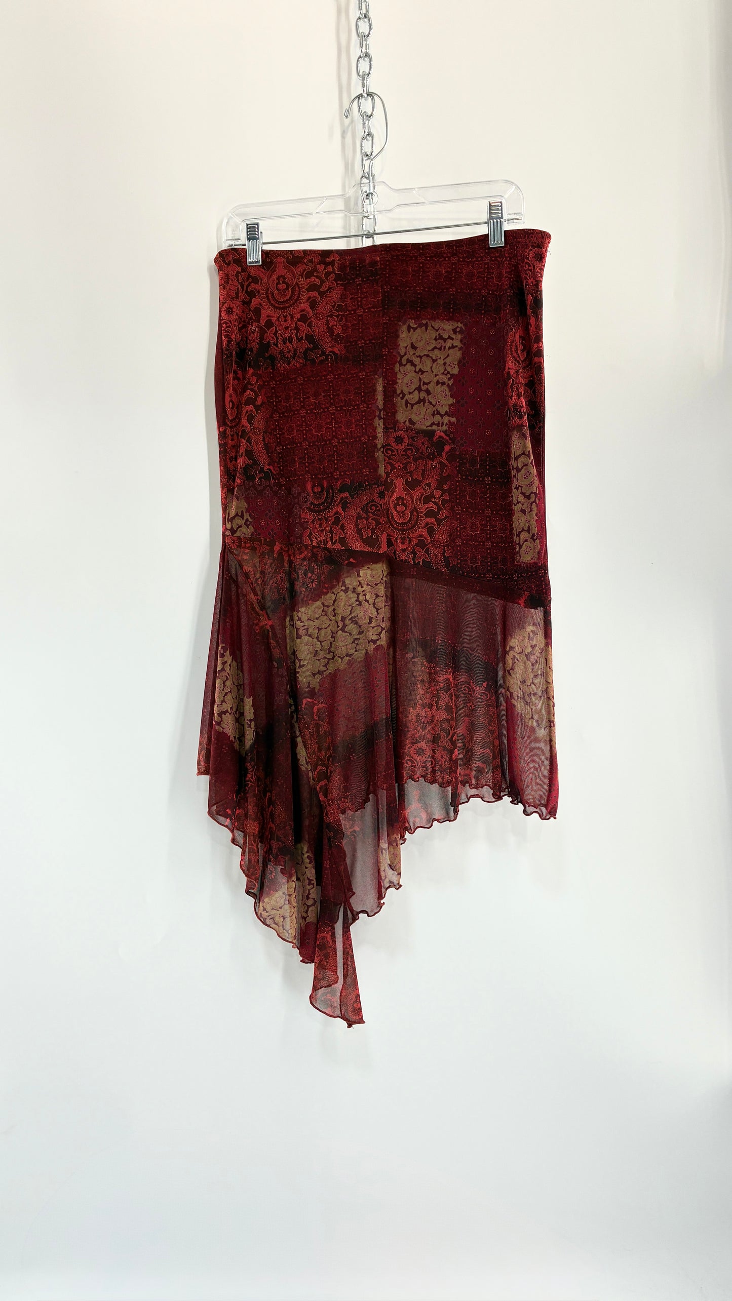 Vintage WET SEAL Maroon Graphic Handkerchief Hem Skirt (Small)