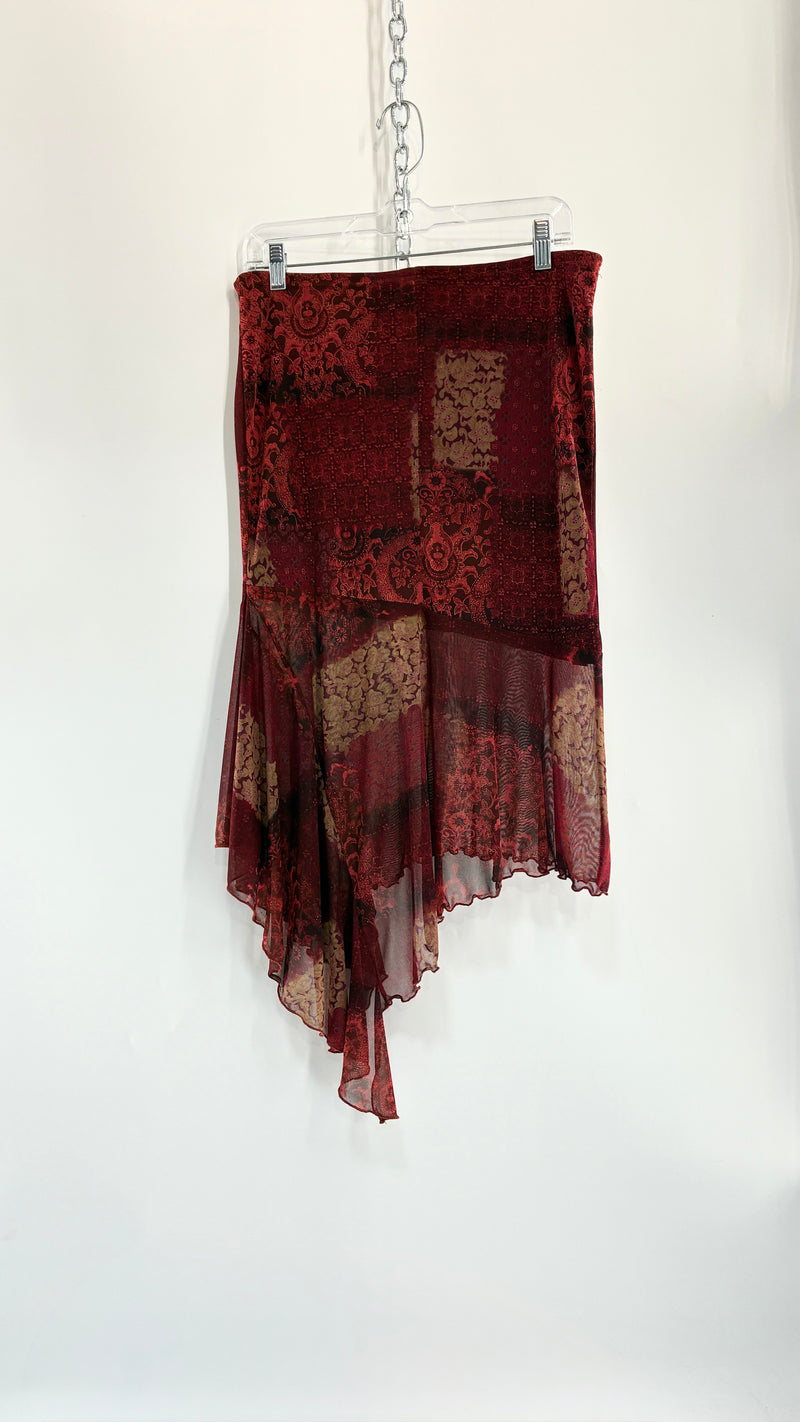 Vintage WET SEAL Maroon Graphic Handkerchief Hem Skirt (Small)