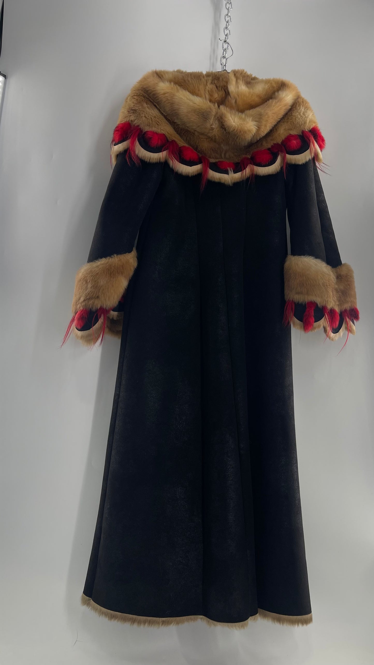 Vintage Russian Black Coat with Brown Fur Piping/Lining, Red Feathers, Scalloped Sleeve, and Hood (Medium)