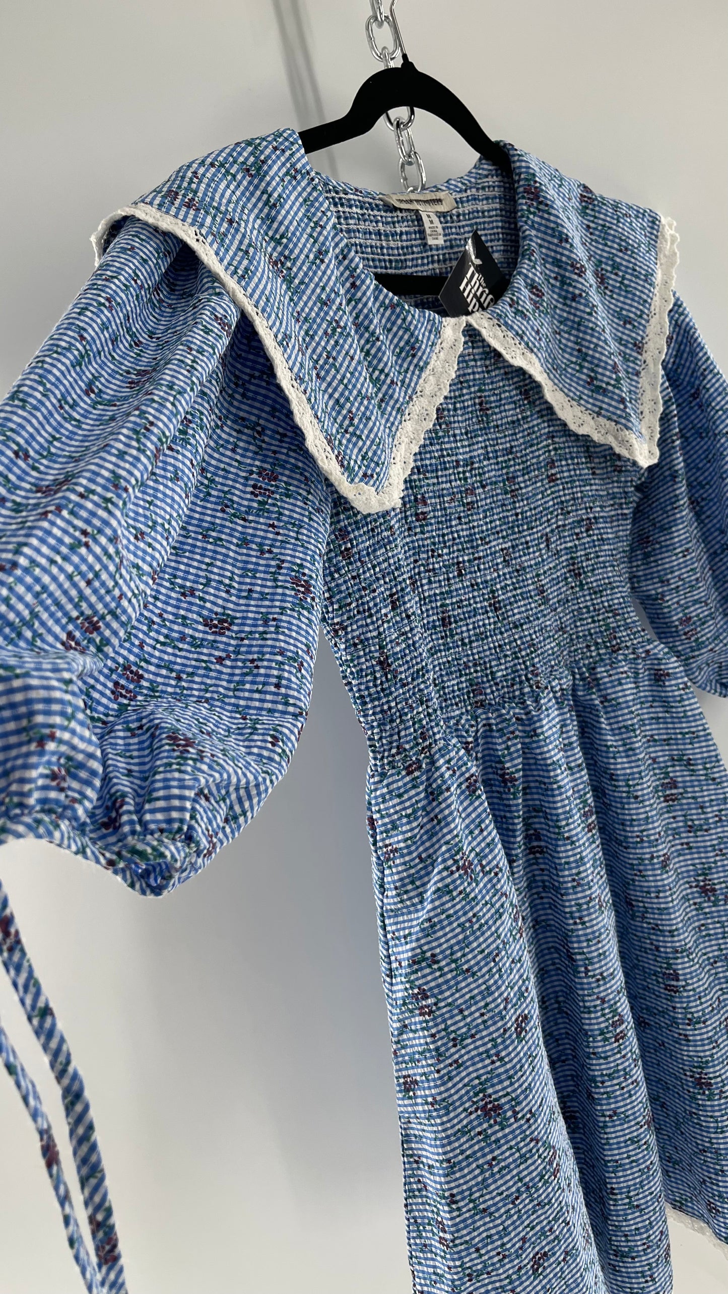 Urban Outfitters Blue Gingham Babydoll Dress with Lace Trim Collar and Smocked Bodice (Medium)