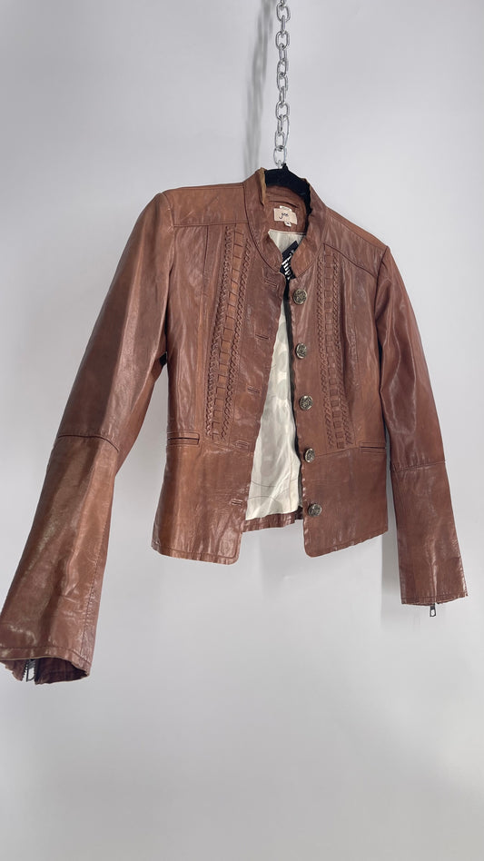 Vintage 1990s June Brown Leather Jacket with Braided Details and Zippered Cuffs (Medium)