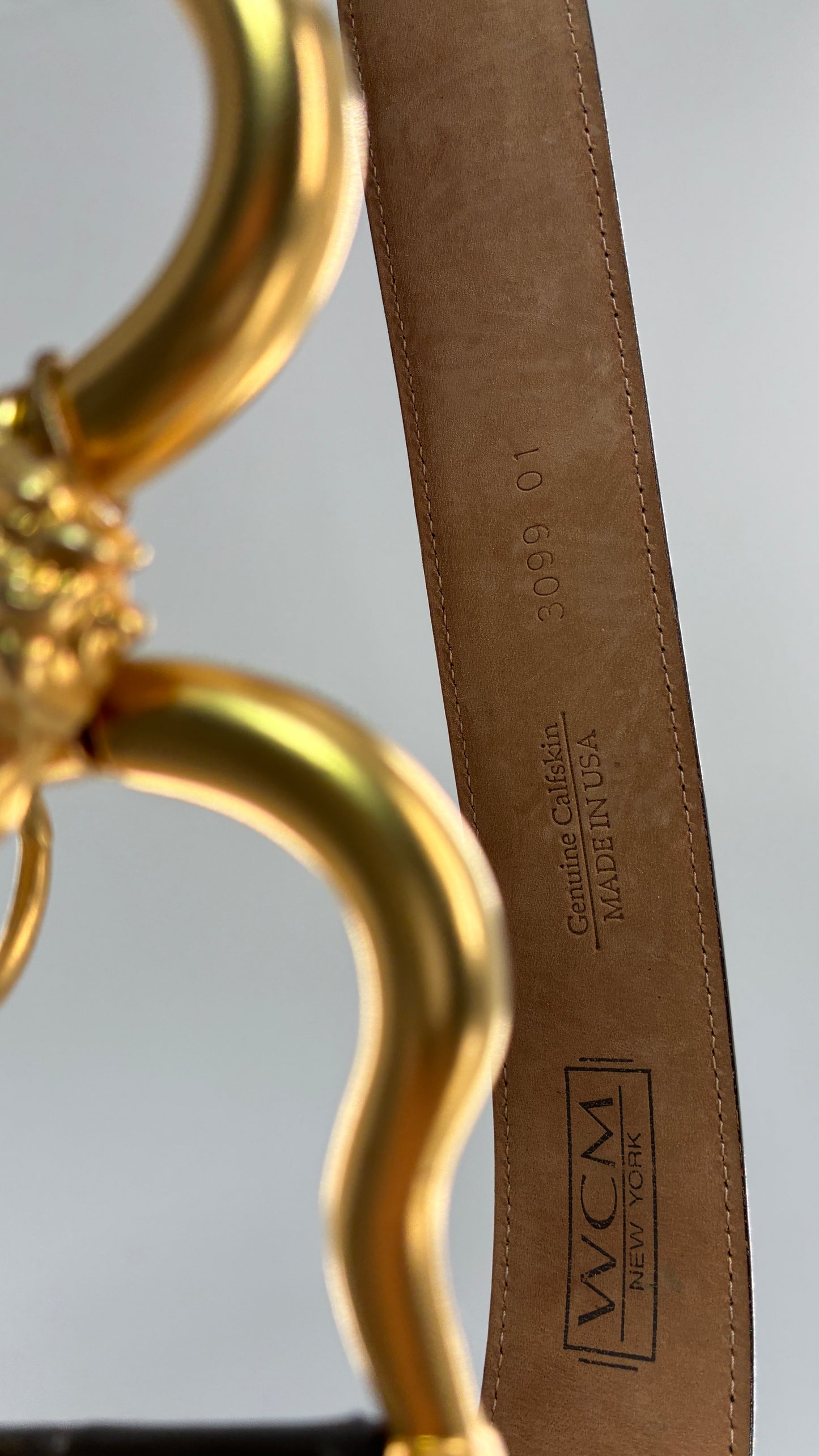 Vintage WCM New York Genuine Calfskin Belt with Golden Sculptural Horse Head Door-Knocker Buckle and Chain Detail  (Medium)