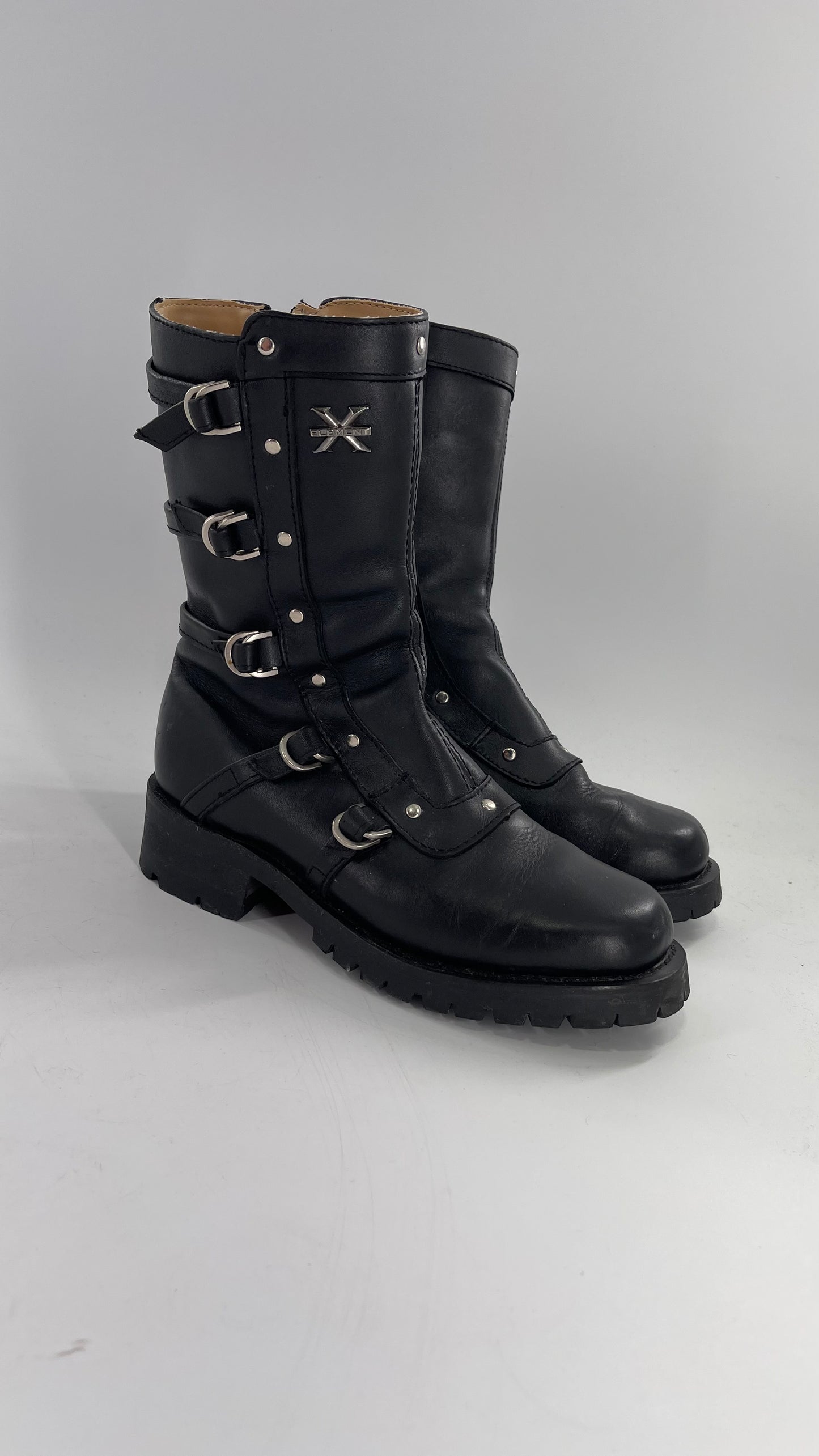 Vintage 1990s XELEMENT Buckle Side Genuine Leather Steam Punk Boots (Women’s 8.5)