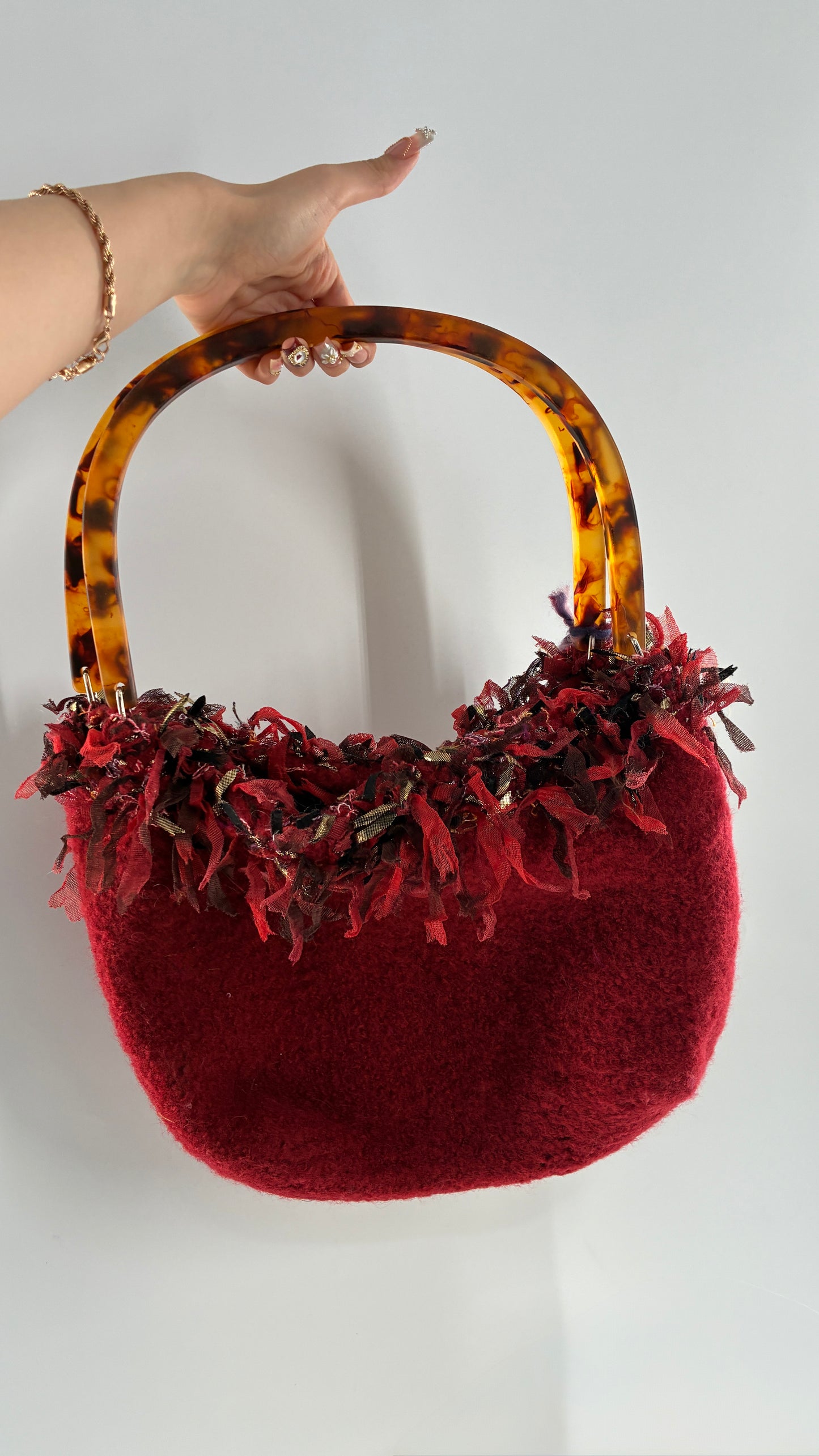 Vintage Handmade Handwoven Red Bag with Tags, Fringe Detailing and Tortoise Shell Handle