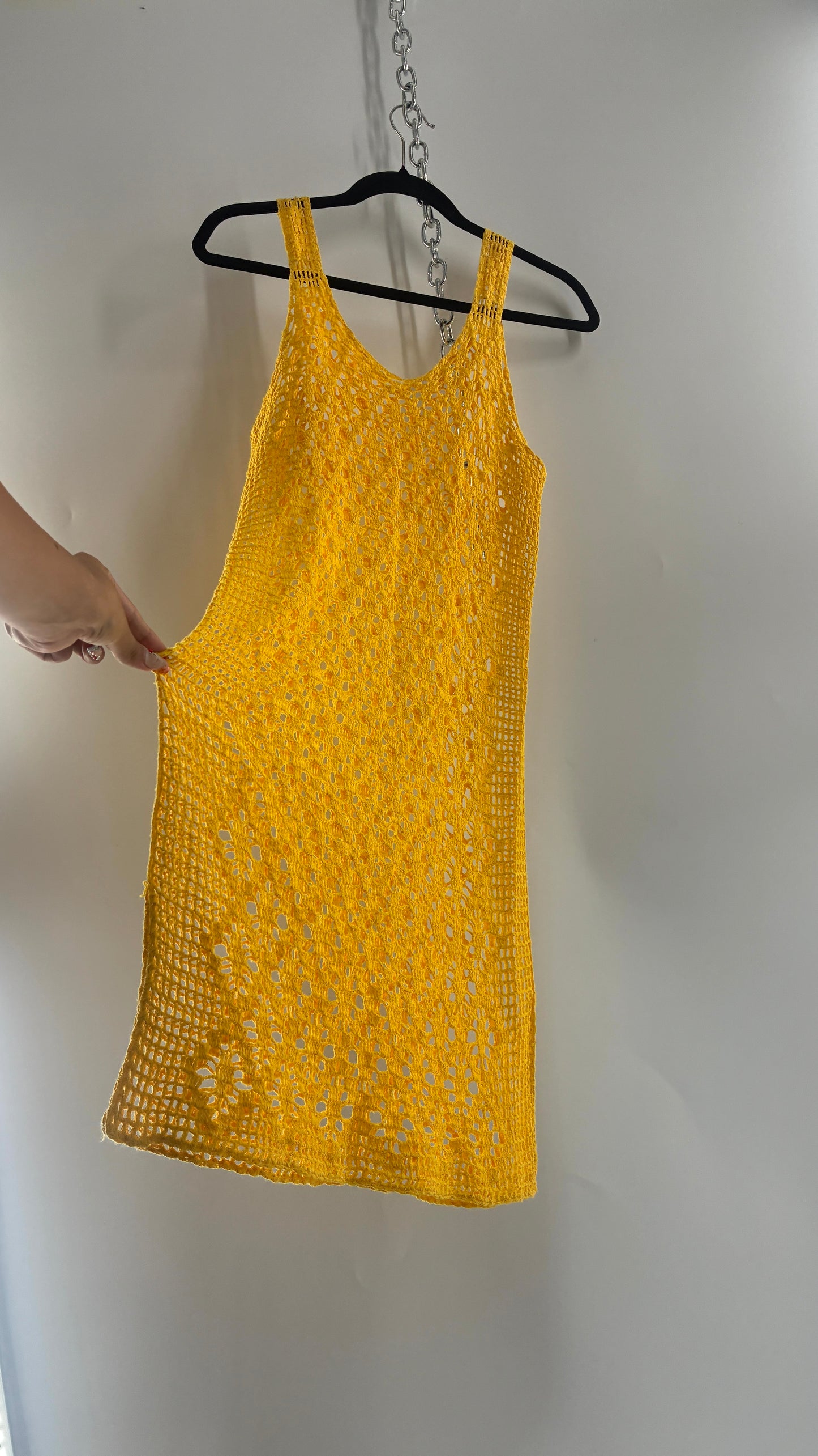 Vintage Brazilian Hand Knit Yellow Crochet Mini Dress (S/M)