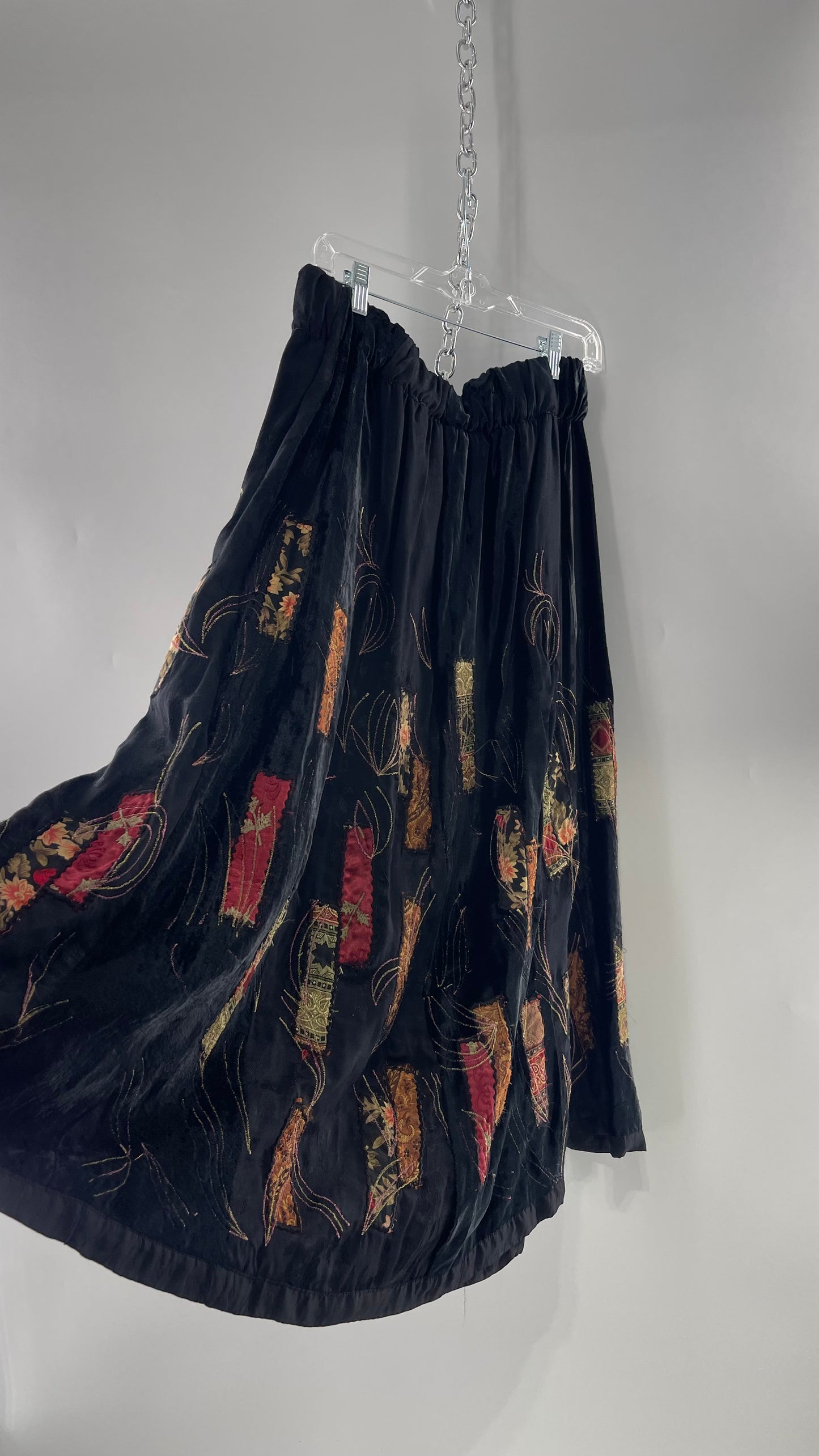 Vintage Black Velvet and Embossed Florals Patchwork Skirt with Metallic Stitch Detailing with Lining and Thick Waistline (M)